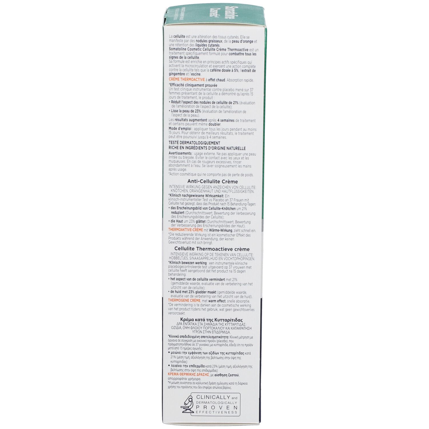 Schachtel. Text in mehreren Sprachen. Enthält Informationen zur Anwendung und Inhaltsstoffen. Dermatologisch getestet.