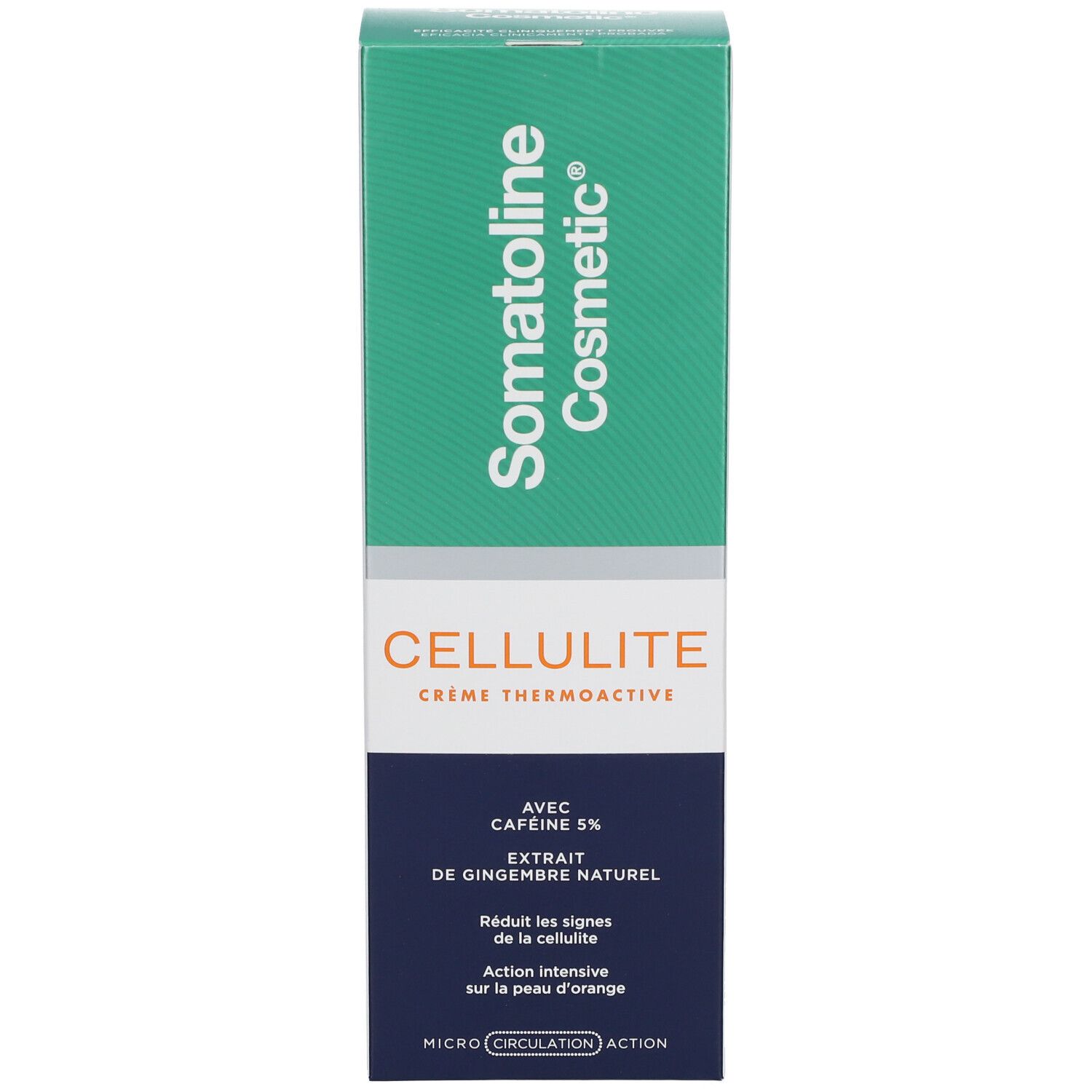 Schachtel. Aufschrift: Somatoline Cosmetic, CELLULITE Crème Thermoactive, mit 5% Koffein, Extrakt aus Ingwer.