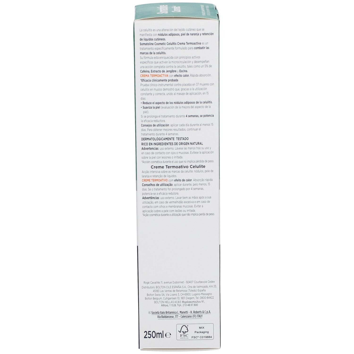 Rückseite der Schachtel. Text in mehreren Sprachen. Enthält Informationen zur Anwendung und Inhaltsstoffen. Dermatologisch getestet.
