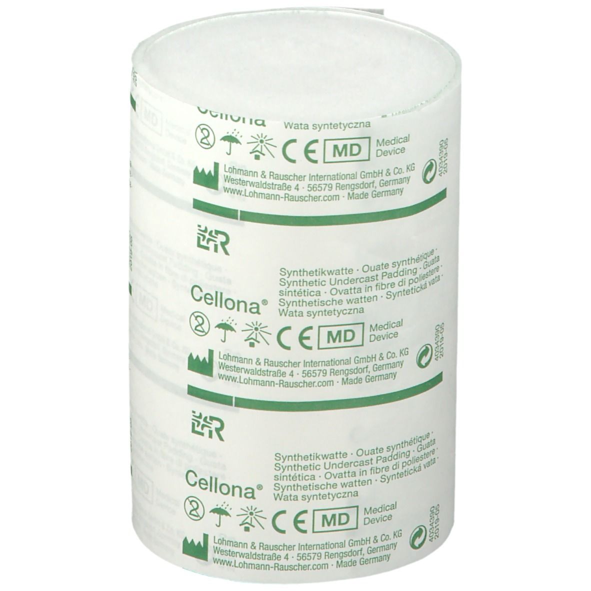 Cellona ouate synthétique. Rouleau de bandage blanc. Emballage vert et blanc avec informations et marquage CE.