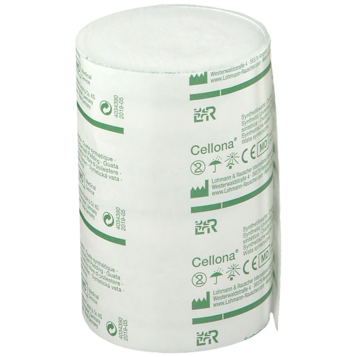 Cellona ouate synthétique. Rouleau de bandage blanc. Emballage vert et blanc avec informations et marquage CE.