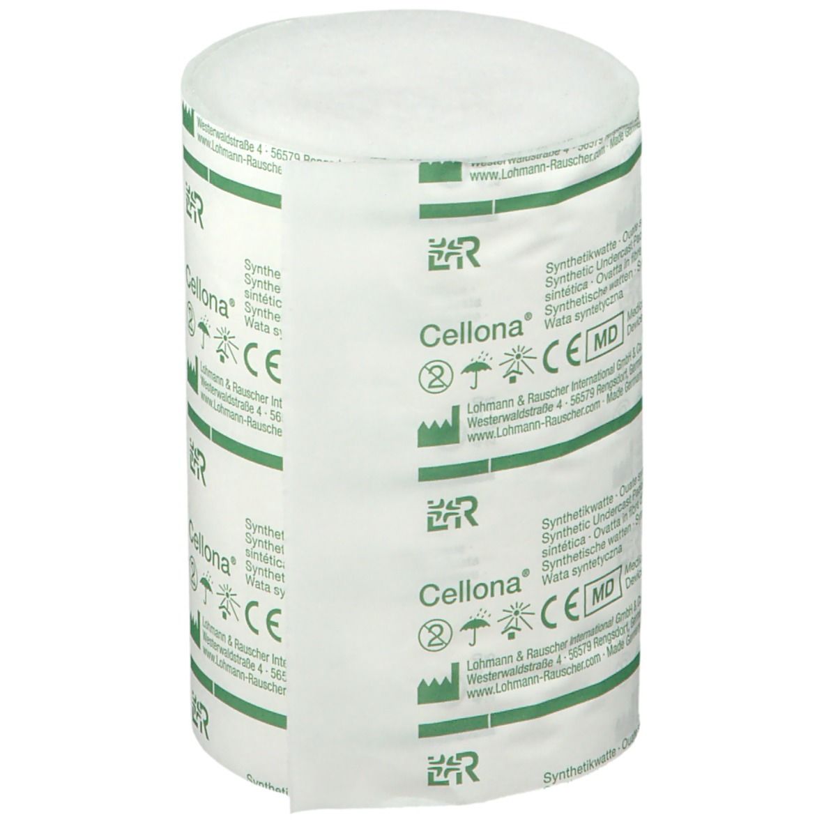 Cellona ouate synthétique. Rouleau de bandage blanc. Emballage vert et blanc avec informations et marquage CE.