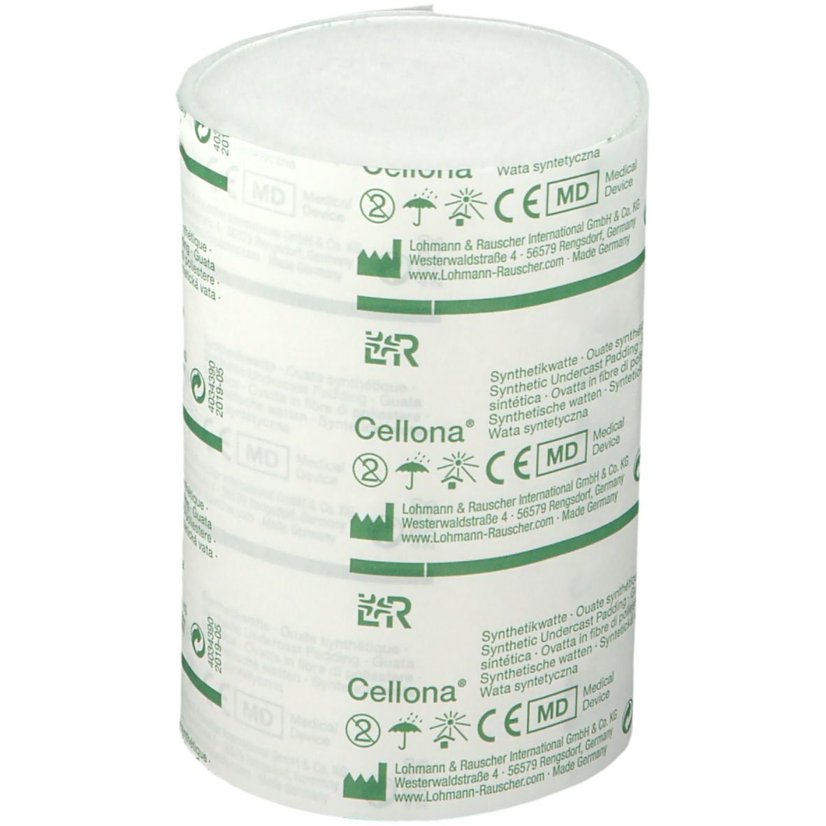 Cellona ouate synthétique. Rouleau de bandage blanc. Emballage vert et blanc avec informations et marquage CE.