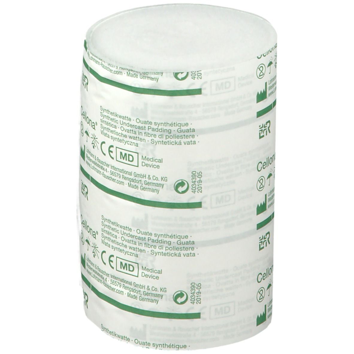 Cellona ouate synthétique. Rouleau de bandage blanc. Emballage vert et blanc avec informations et marquage CE.