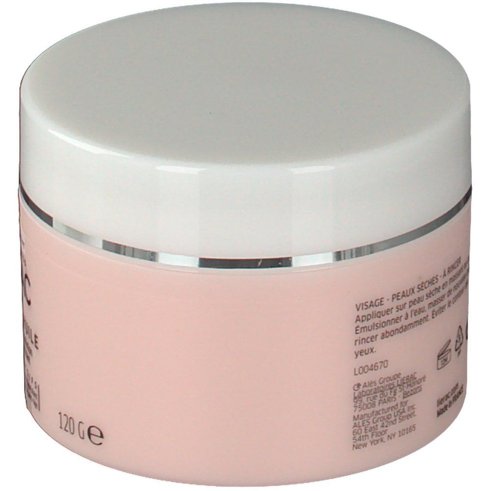 Pot rose avec couvercle blanc. Inscription: Lierac. Texte d'utilisation. 120g.
