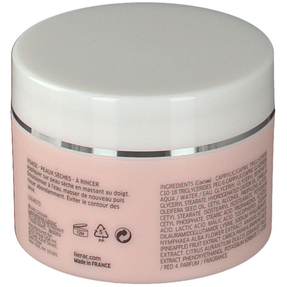 Pot rose avec couvercle blanc. Inscription: Lierac. Liste des ingrédients. 120g.
