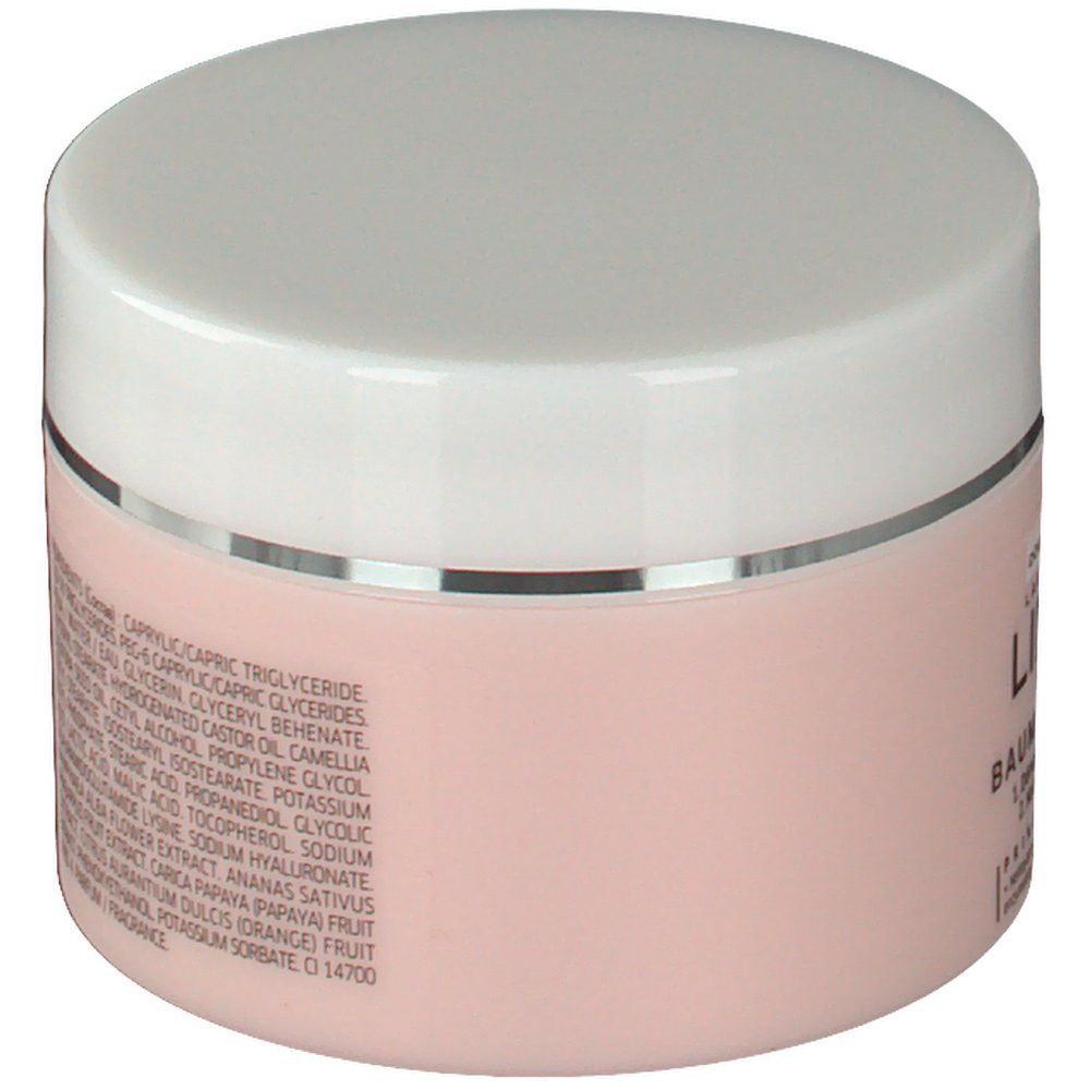Pot rose avec couvercle blanc. Inscription: Lierac. Liste des ingrédients. 120g.