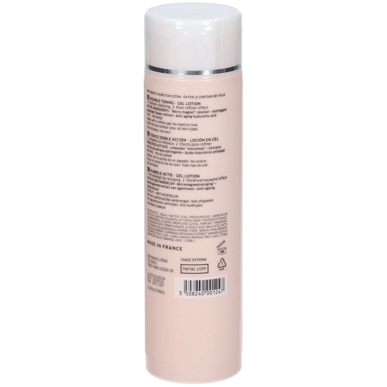 Flacon rose avec bouchon blanc. Inscription: LABORATOIRES LIERAC PARIS, LOTION GÉLIFIÉE DOUBLE TONIQUE. 200 ml. Texte au dos.
