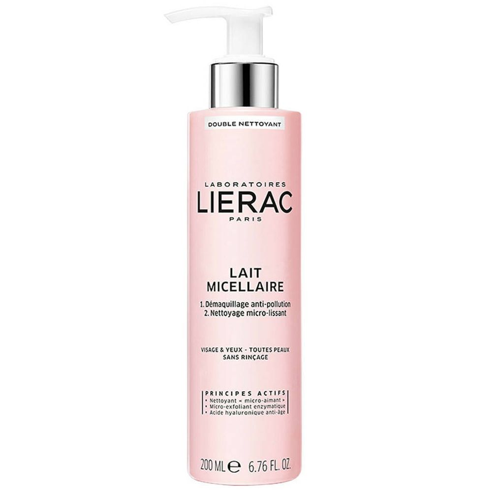 Flacon rose avec pompe. Inscription: Lierac Paris, Lait Micellaire. Pour visage & yeux. 200 ml.
