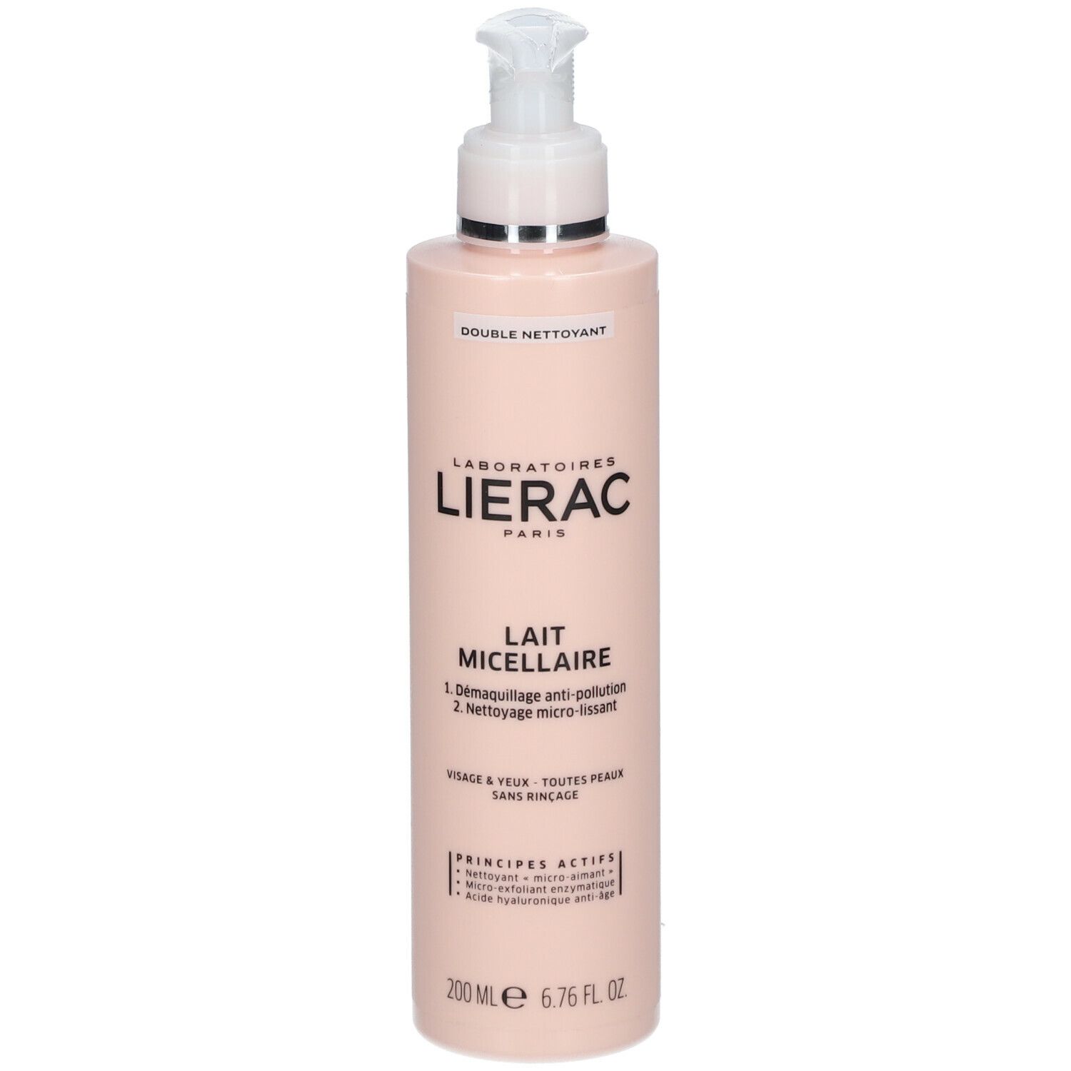 Flacon rose avec pompe. Inscription: Lierac Paris, Lait Micellaire. Pour visage & yeux. 200 ml.