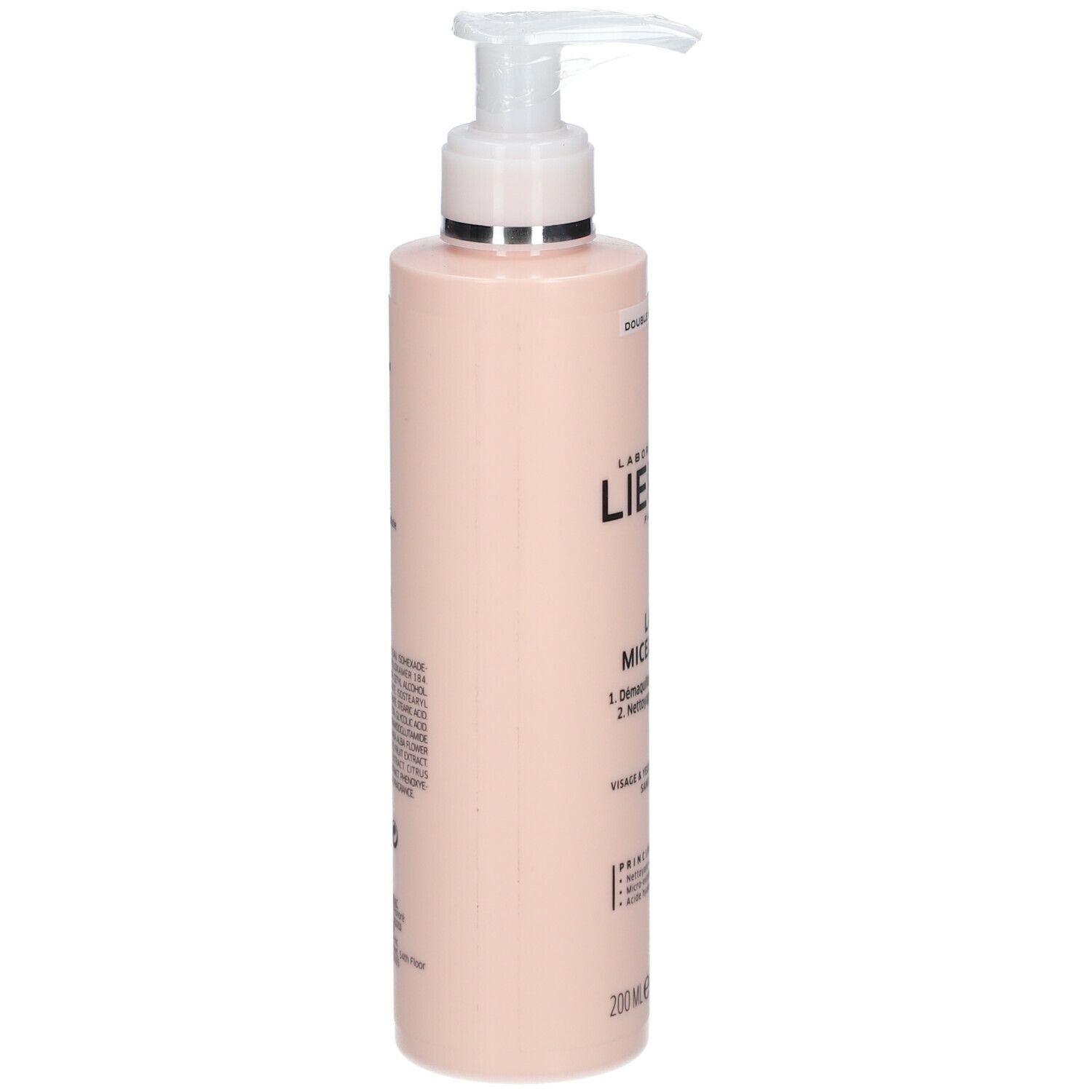 Flacon rose avec pompe. Inscription: Lierac Paris, Lait Micellaire. Pour visage & yeux. 200 ml.