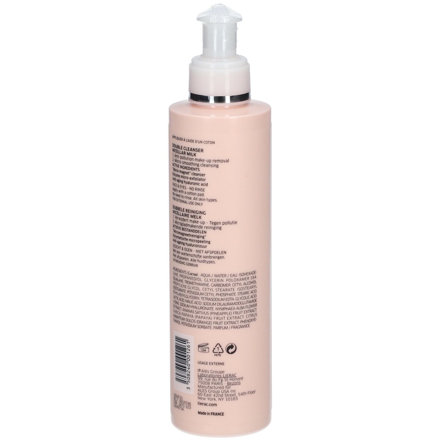 Flacon rose avec pompe. Inscription: Lierac Paris, Lait Micellaire. Pour visage & yeux. 200 ml.