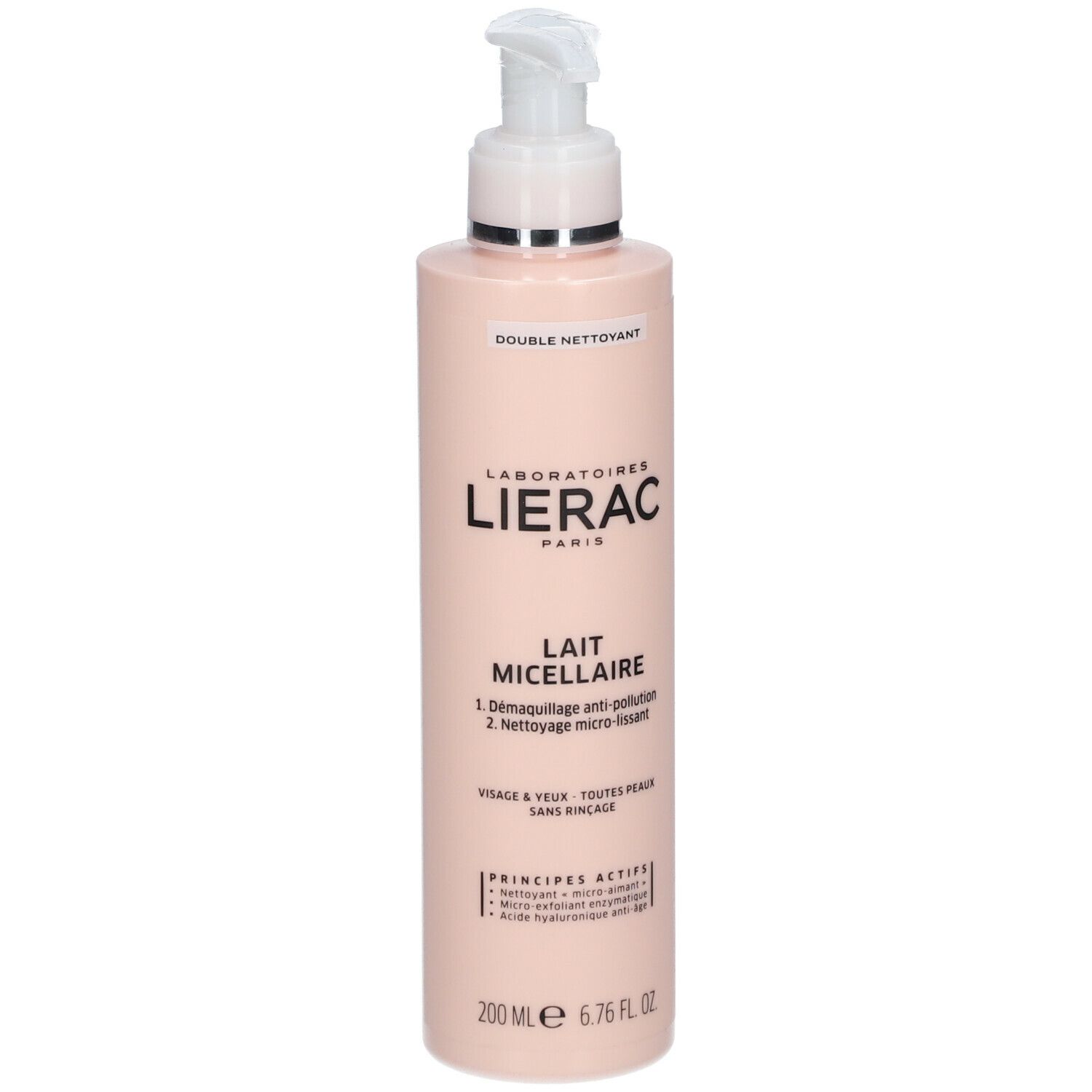 Flacon rose avec pompe. Inscription: Lierac Paris, Lait Micellaire. Pour visage & yeux. 200 ml.