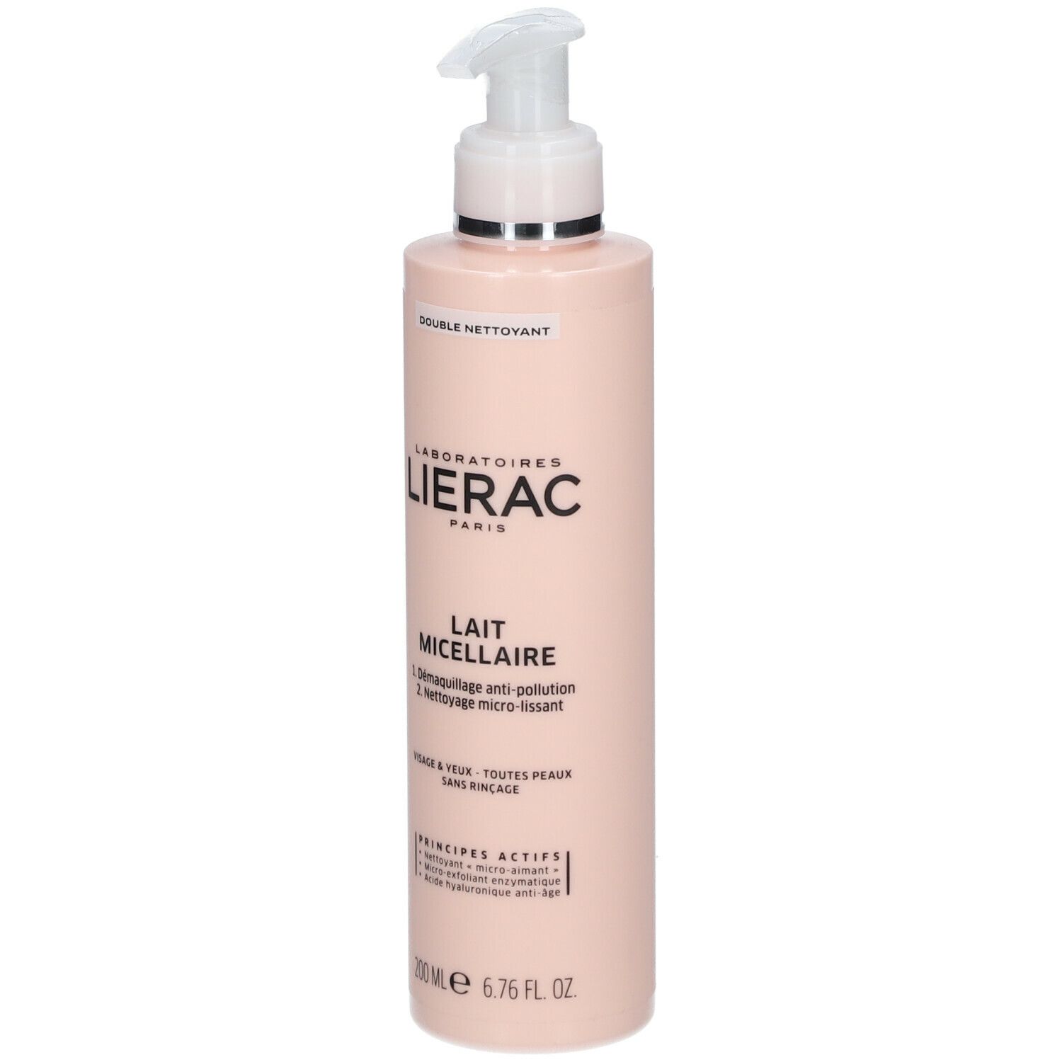 Flacon rose avec pompe. Inscription: Lierac Paris, Lait Micellaire. Pour visage & yeux. 200 ml.