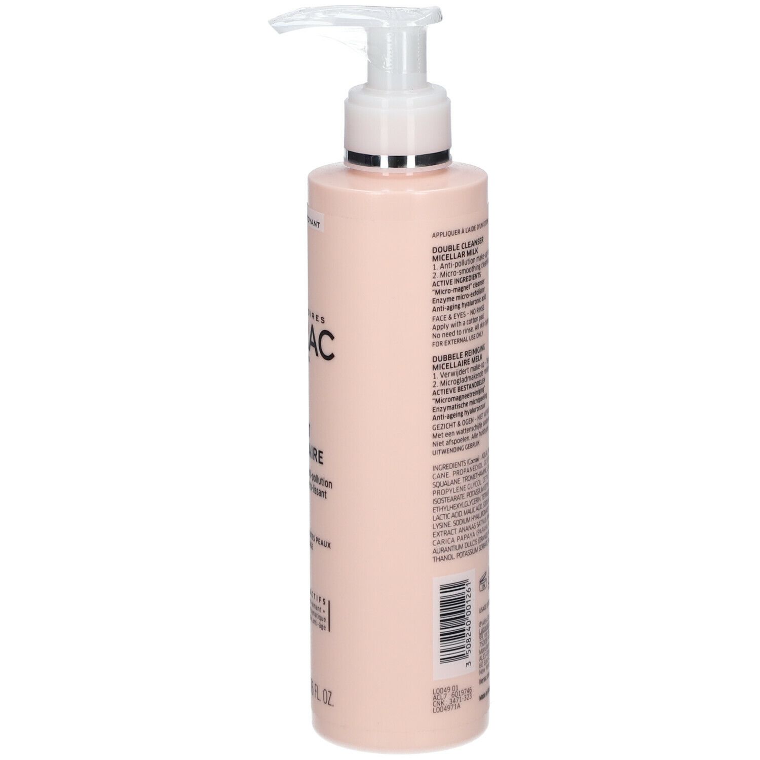 Flacon rose avec pompe. Inscription: Lierac Paris, Lait Micellaire. Pour visage & yeux. 200 ml. Dos avec ingrédients.