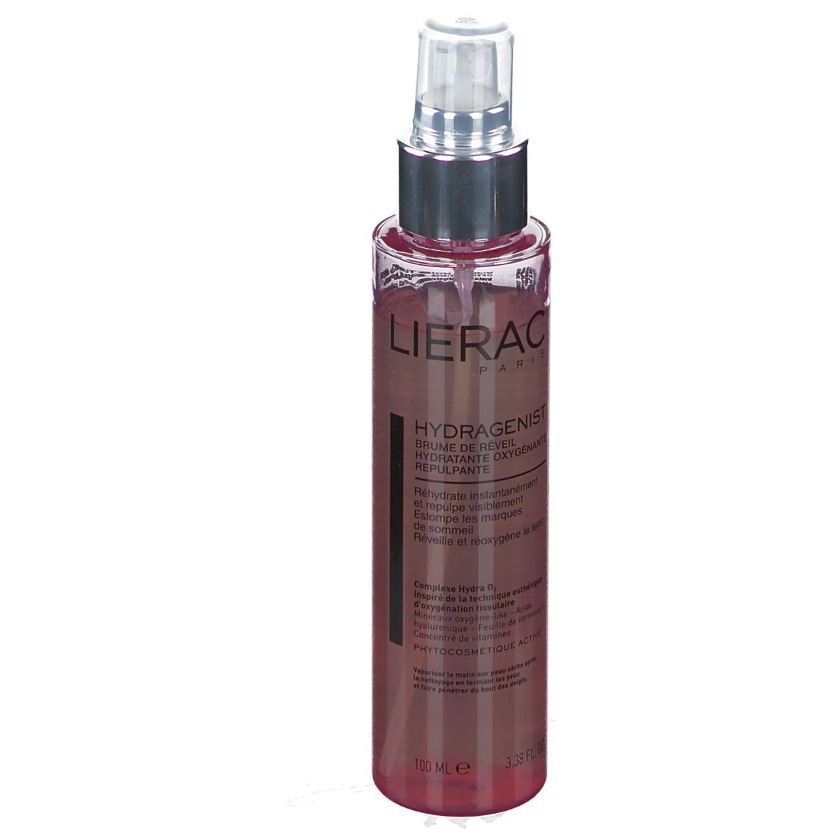 Lierac Hydragenist Frischenebel. Transparente Flasche mit Sprühkopf. Produktetikett mit Text. 100 ml.