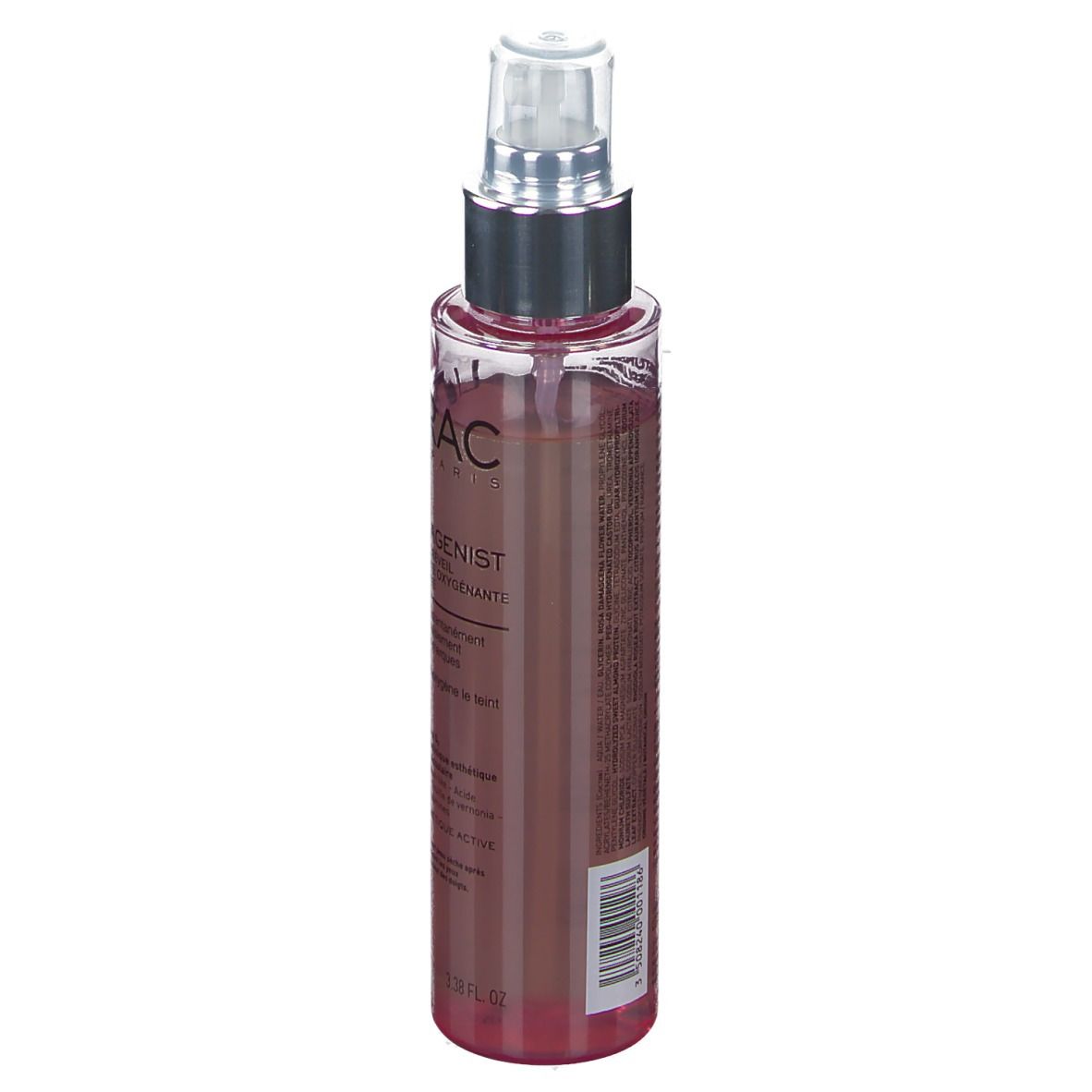 Lierac Hydragenist Frischenebel. Transparente Flasche mit Sprühkopf. Produktetikett mit Text und Barcode. 100 ml.