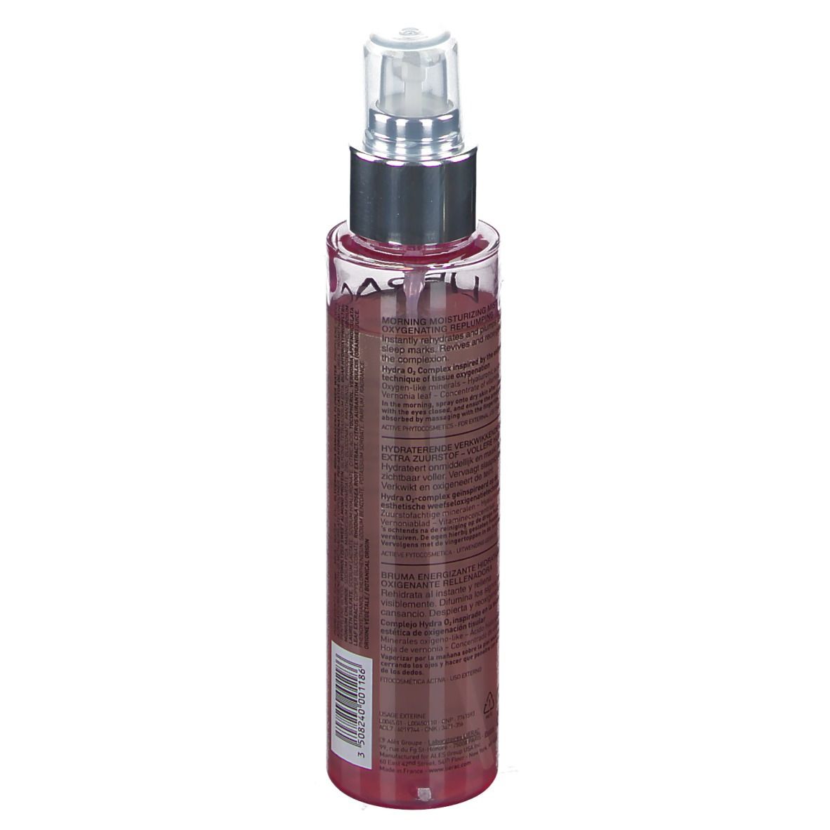 Lierac Hydragenist Frischenebel. Transparente Flasche mit Sprühkopf. Produktetikett mit Text und Barcode. 100 ml.