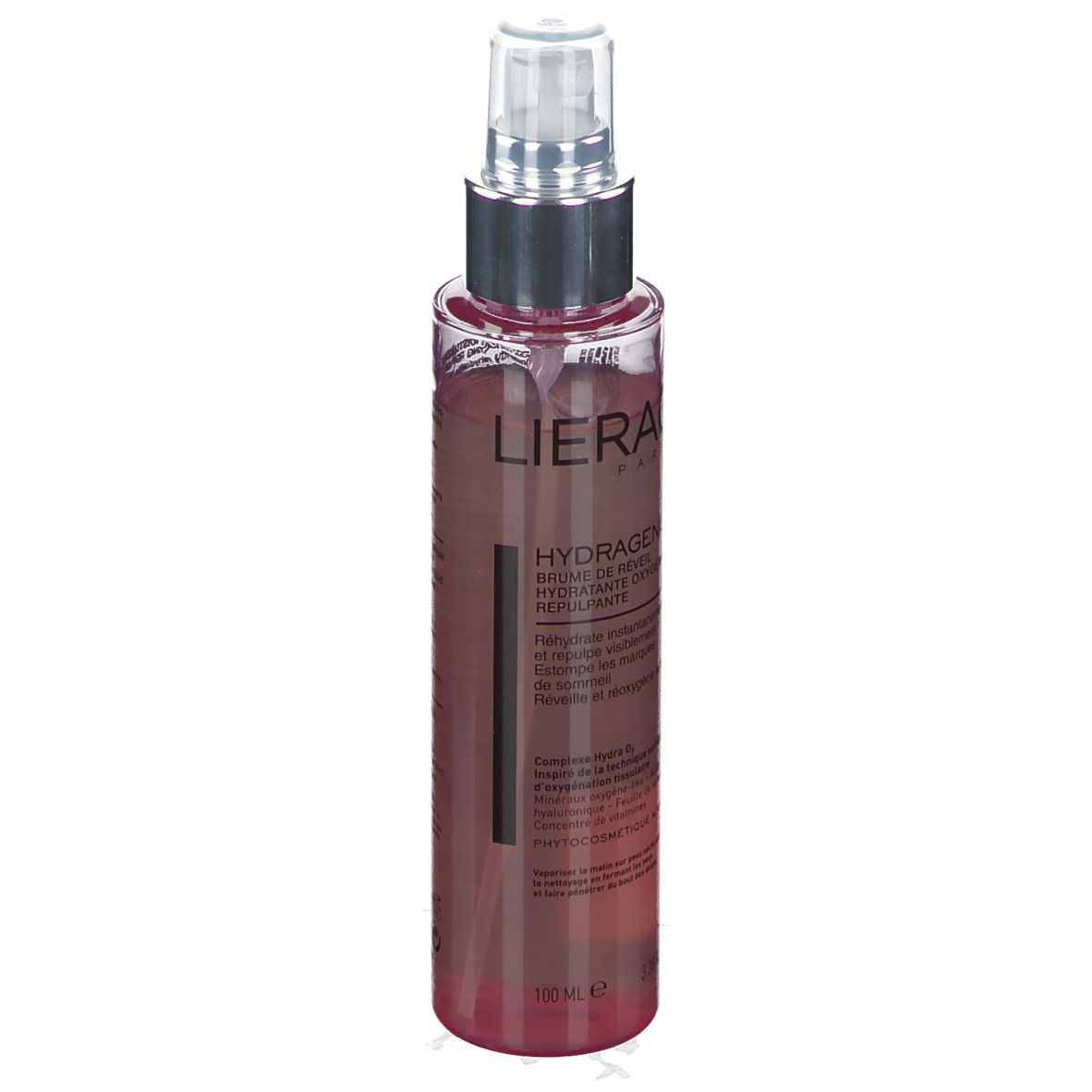 Lierac Hydragenist Frischenebel. Transparente Flasche mit Sprühkopf. Produktetikett mit Text. 100 ml.
