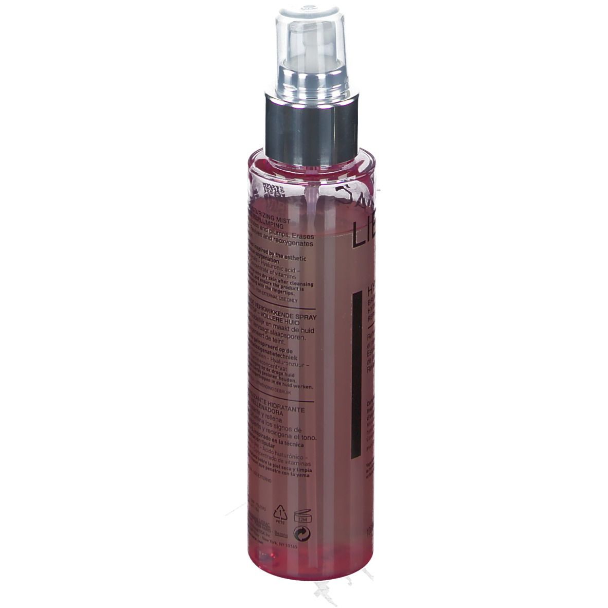 Lierac Hydragenist Frischenebel. Transparente Flasche mit Sprühkopf. Produktetikett mit Text. 100 ml.