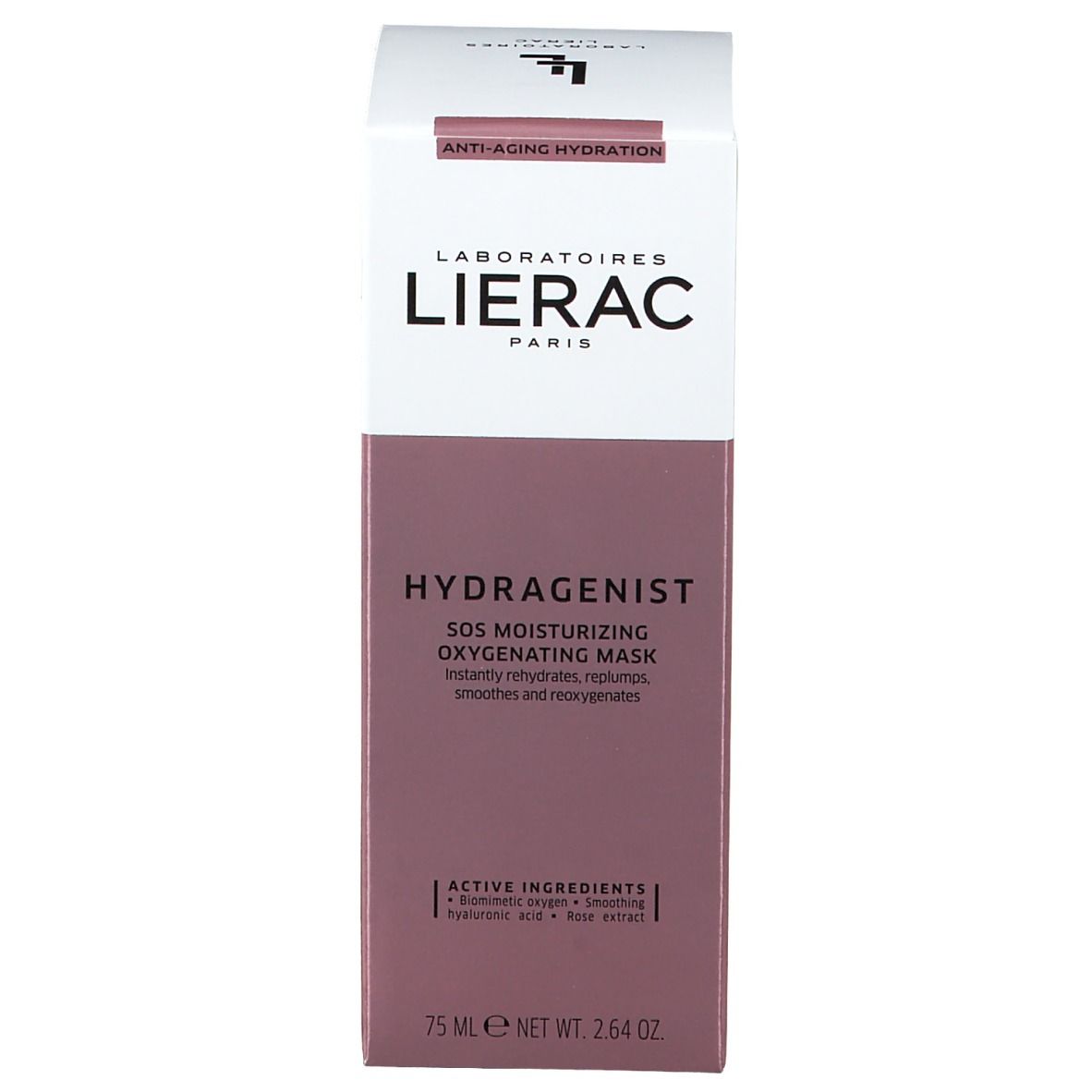 Boîte blanche avec accents roses. Inscriptions: LIERAC, HYDRAGENIST, Masque SOS. Hydratation anti-âge.
