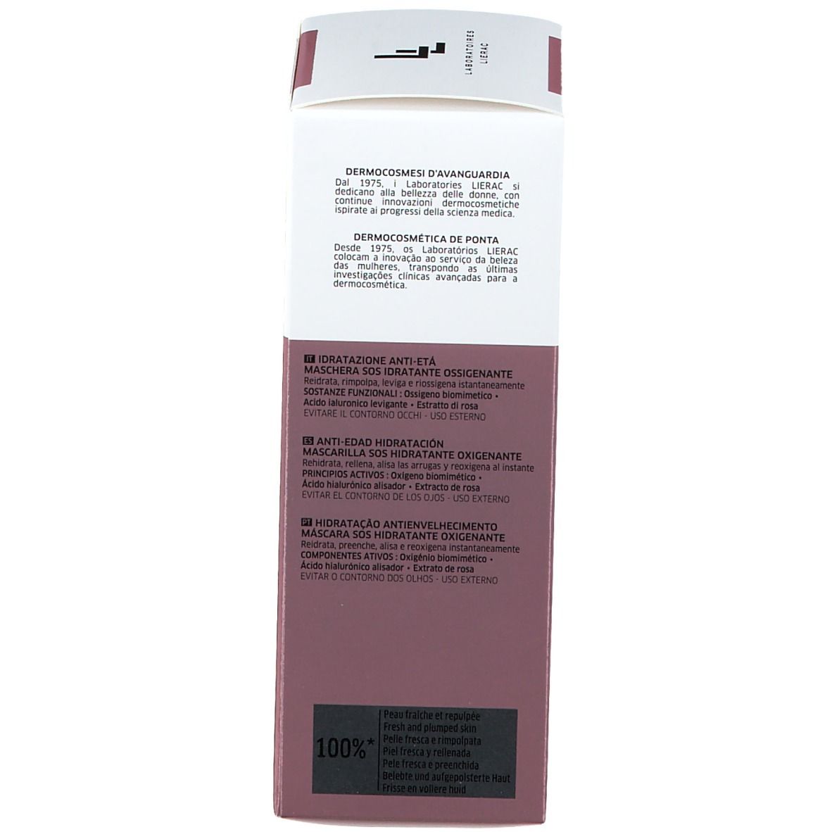 Dos d'une boîte blanche. Texte multilingue. Inscriptions: Hydratation anti-âge, 75 ml.