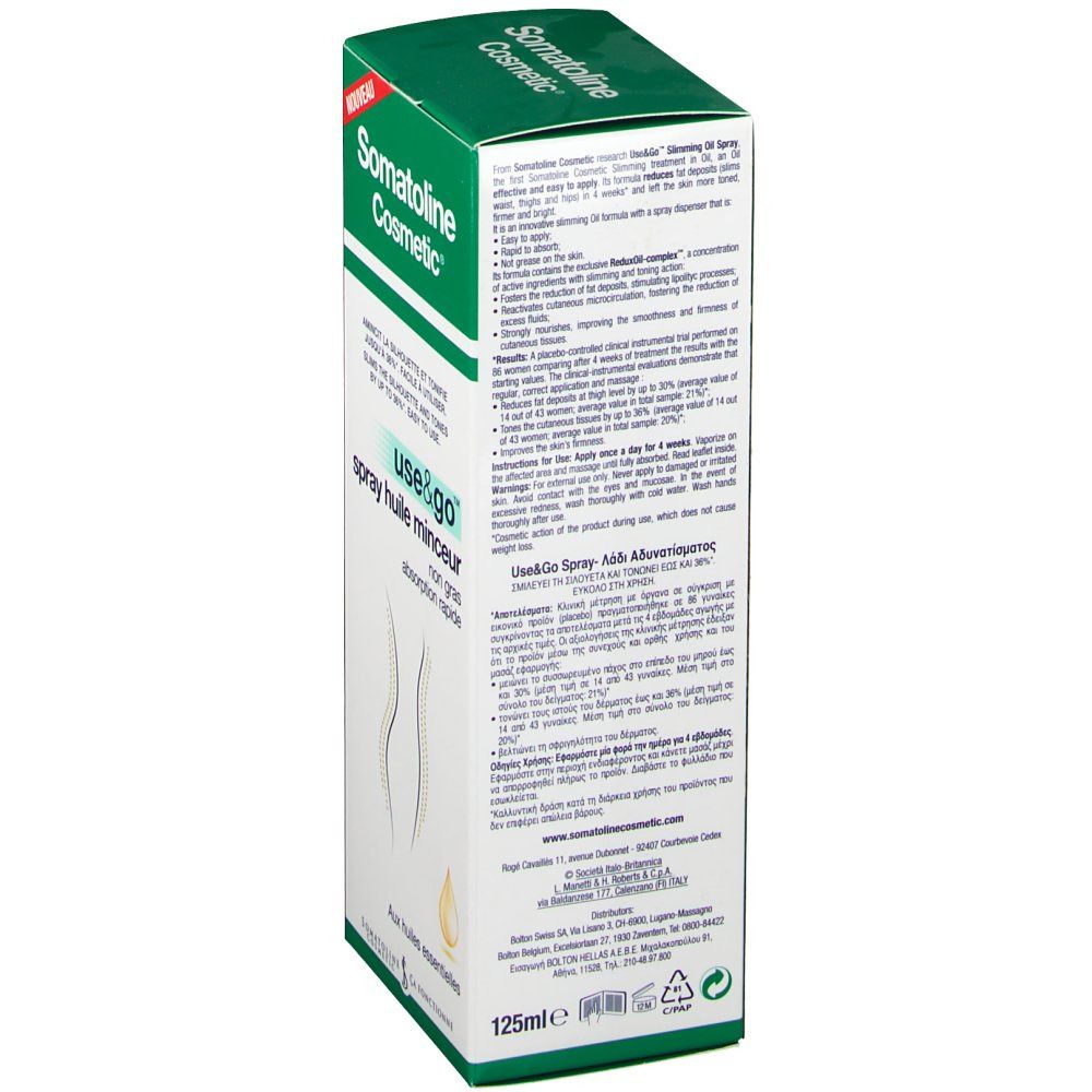 Dos de la boîte verte. Texte multilingue. Logo "Somatoline Cosmetic". Informations produit et ingrédients.