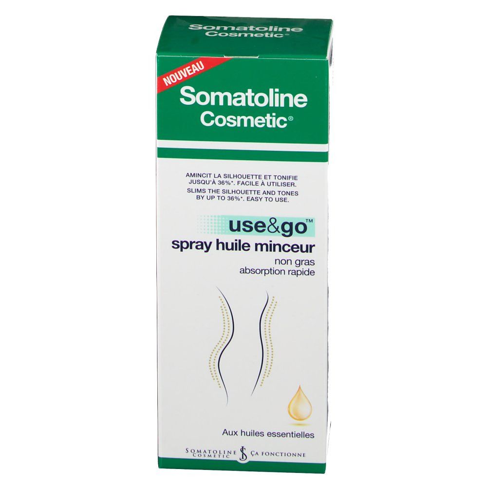 Boîte verte avec logo "Somatoline Cosmetic". Texte "use&go" et "spray huile minceur". Silhouette et goutte dessinées.