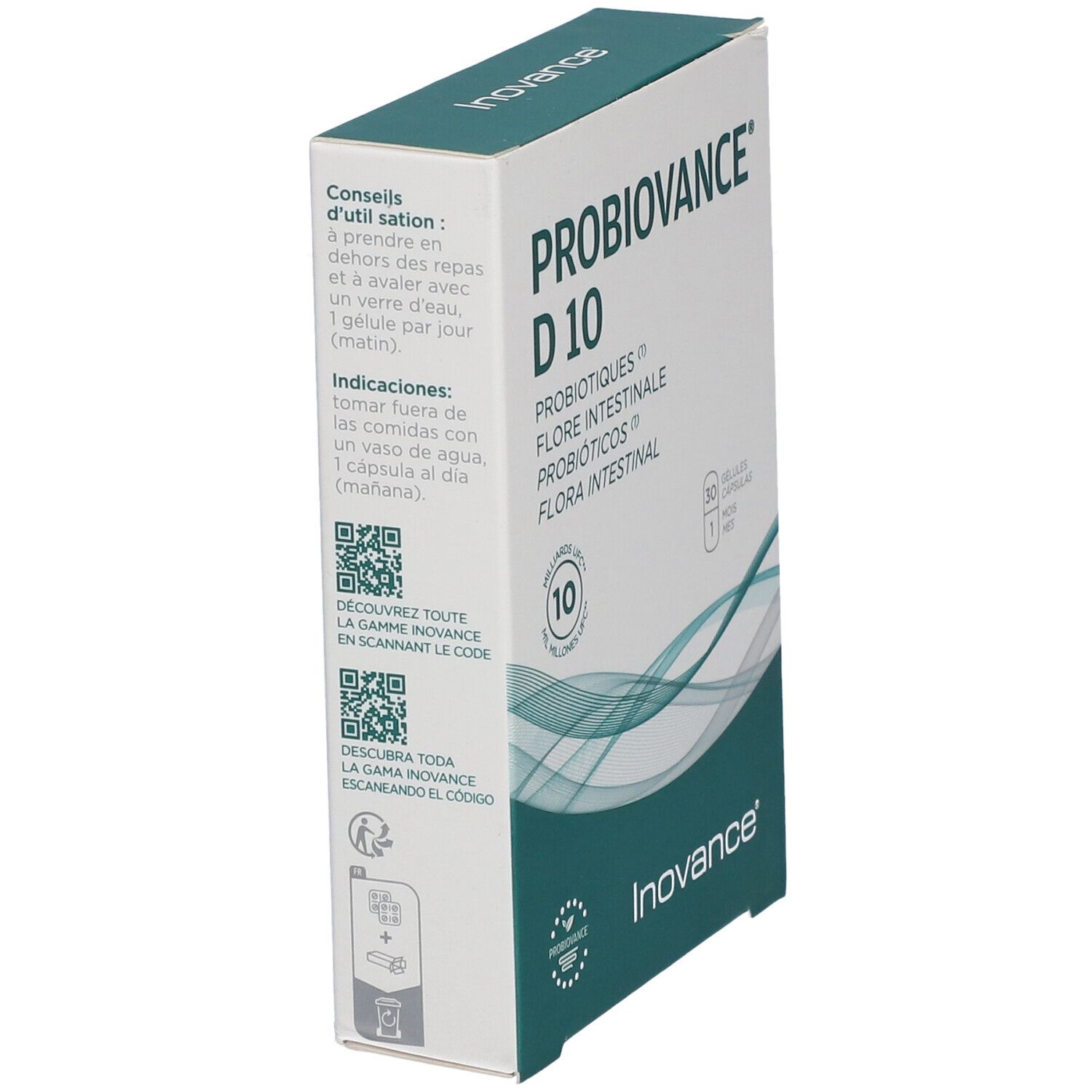 Boîte Inovance® Probiovance D 10 en biais. Inscriptions : Probiotiques, Flore Intestinale, Probióticos, Flora Intestinal. 30 gélules.