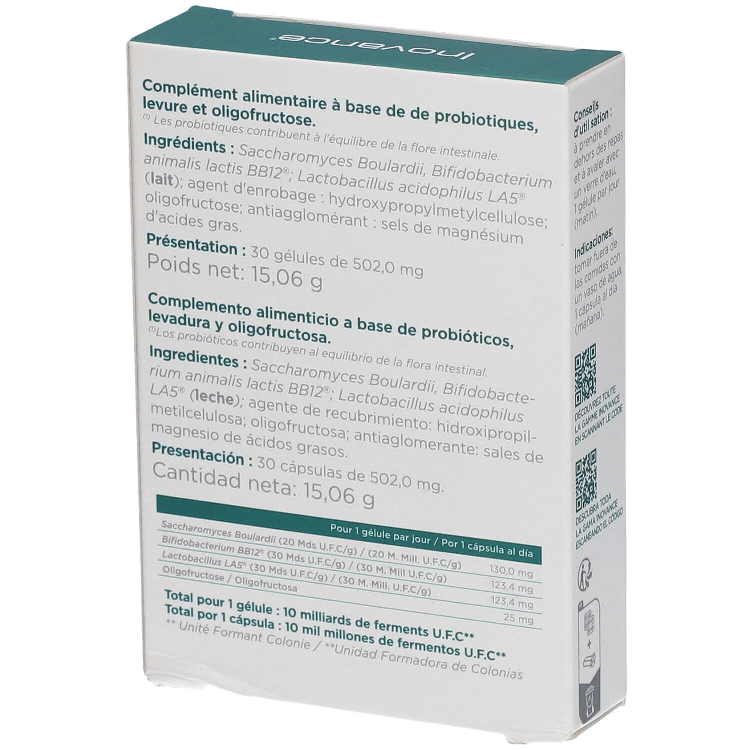 Dos de la boîte Inovance® Probiovance D 10. Texte : ingrédients, informations nutritionnelles, 30 gélules, poids net 15,06 g.
