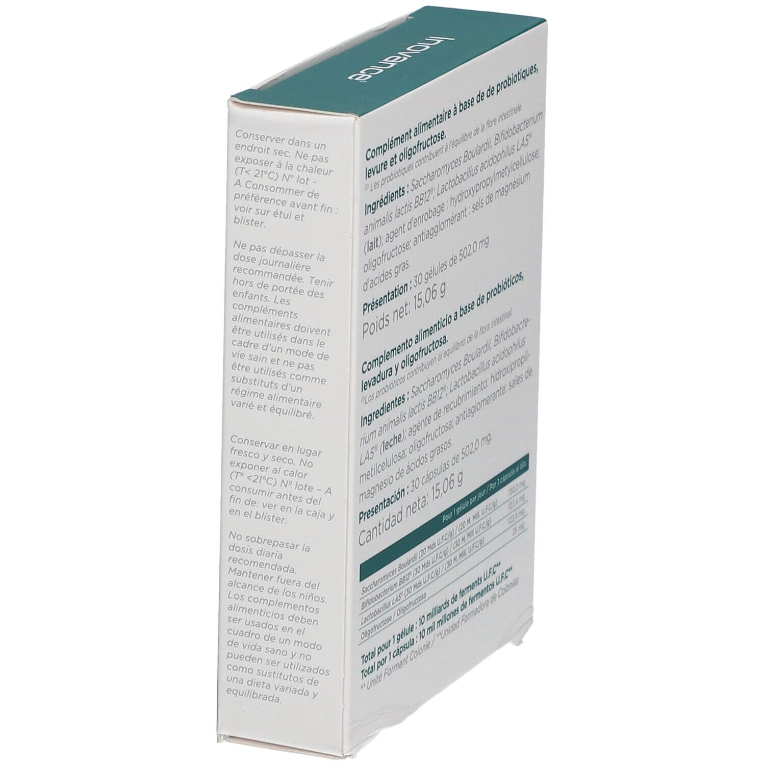 Boîte Inovance® Probiovance D 10 en biais. Texte : ingrédients, informations nutritionnelles, 30 gélules, poids net 15,06 g.