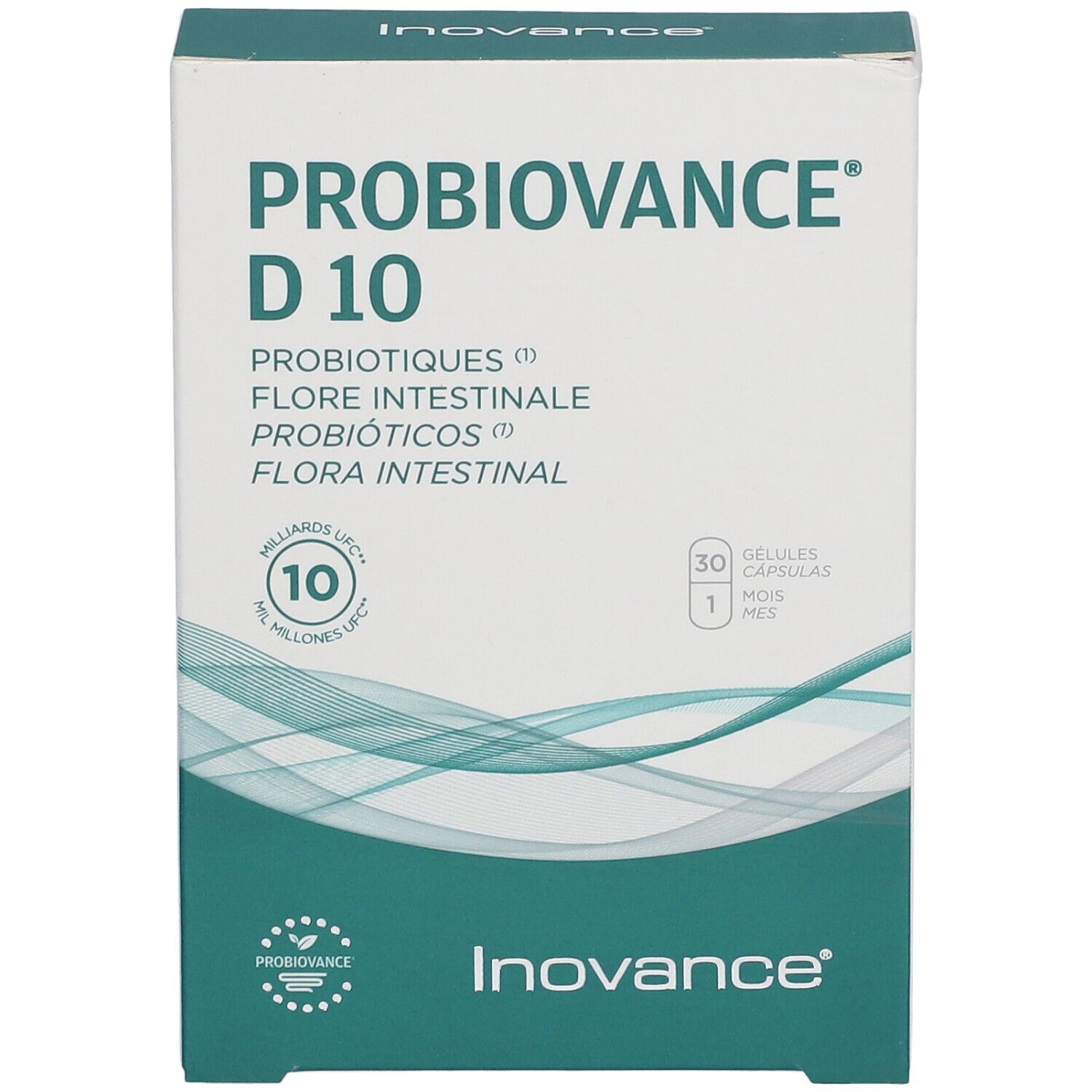 Boîte Inovance® Probiovance D 10. Inscriptions : Probiotiques, Flore Intestinale, Probióticos, Flora Intestinal. 30 gélules.