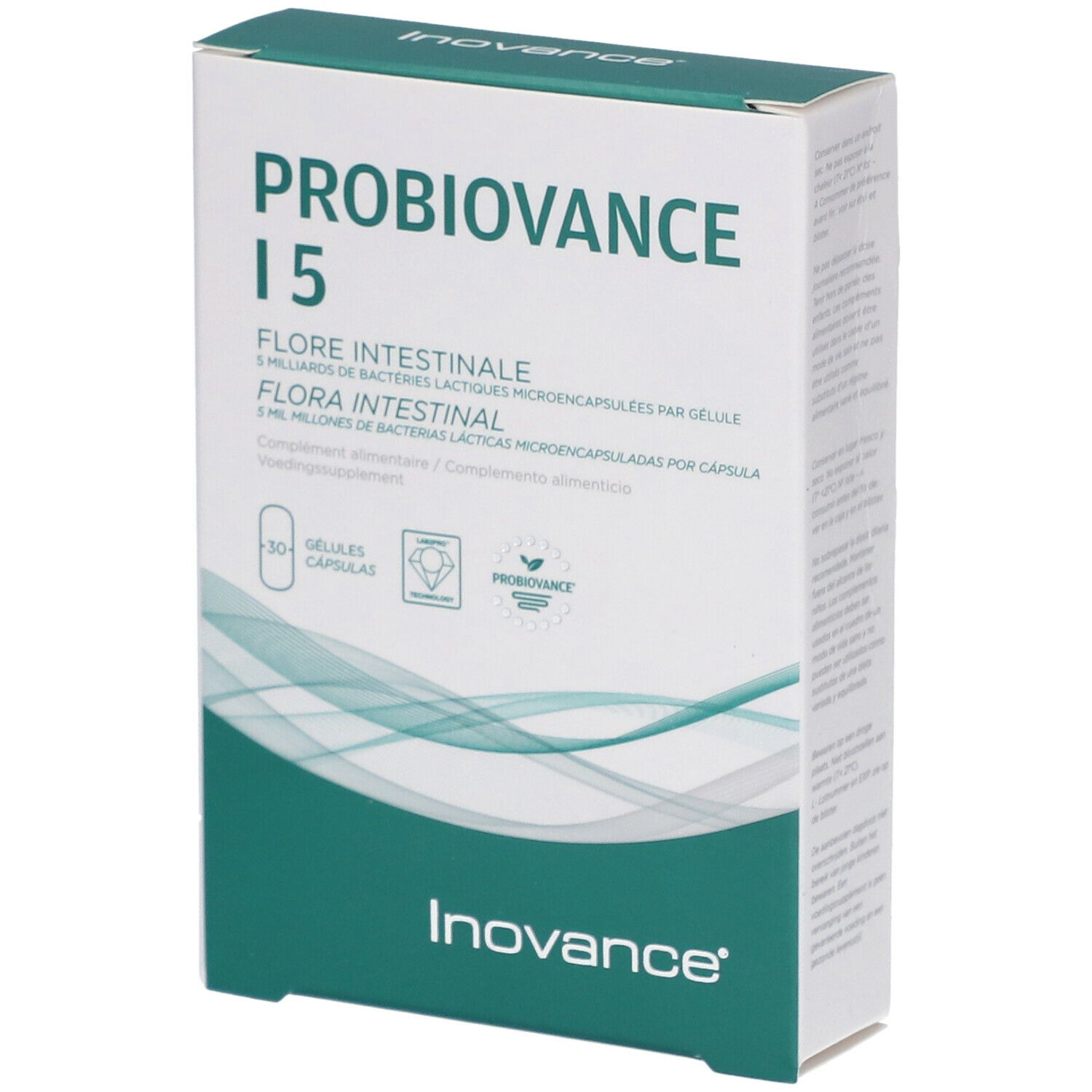 Boîte "PROBIOVANCE I 5". Texte: "FLORE INTESTINALE", "3 milliards...", "30 gélules". Marque: Inovance.