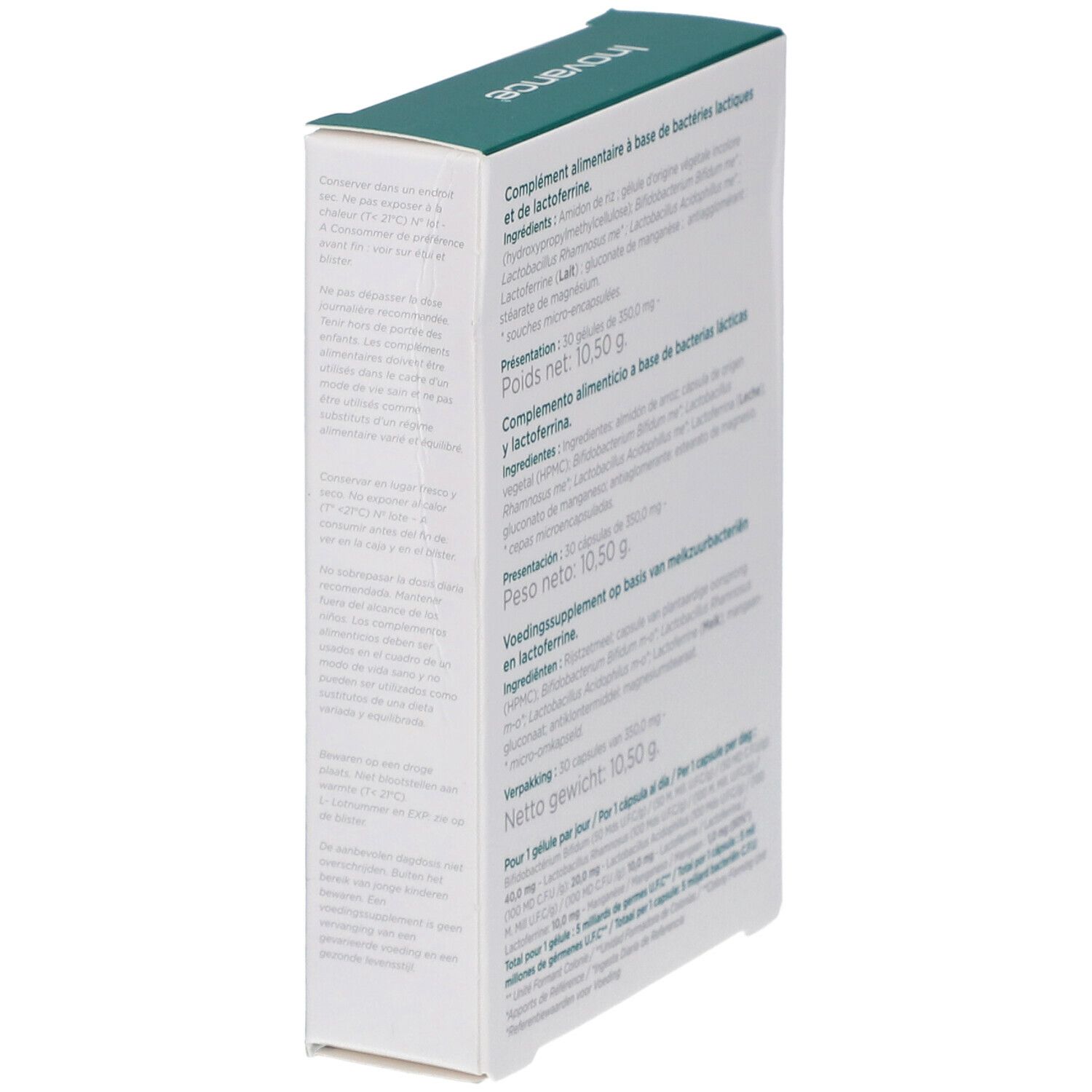 Dos de la boîte "PROBIOVANCE I 5". Texte: ingrédients, informations nutritionnelles, poids. Marque: Inovance.
