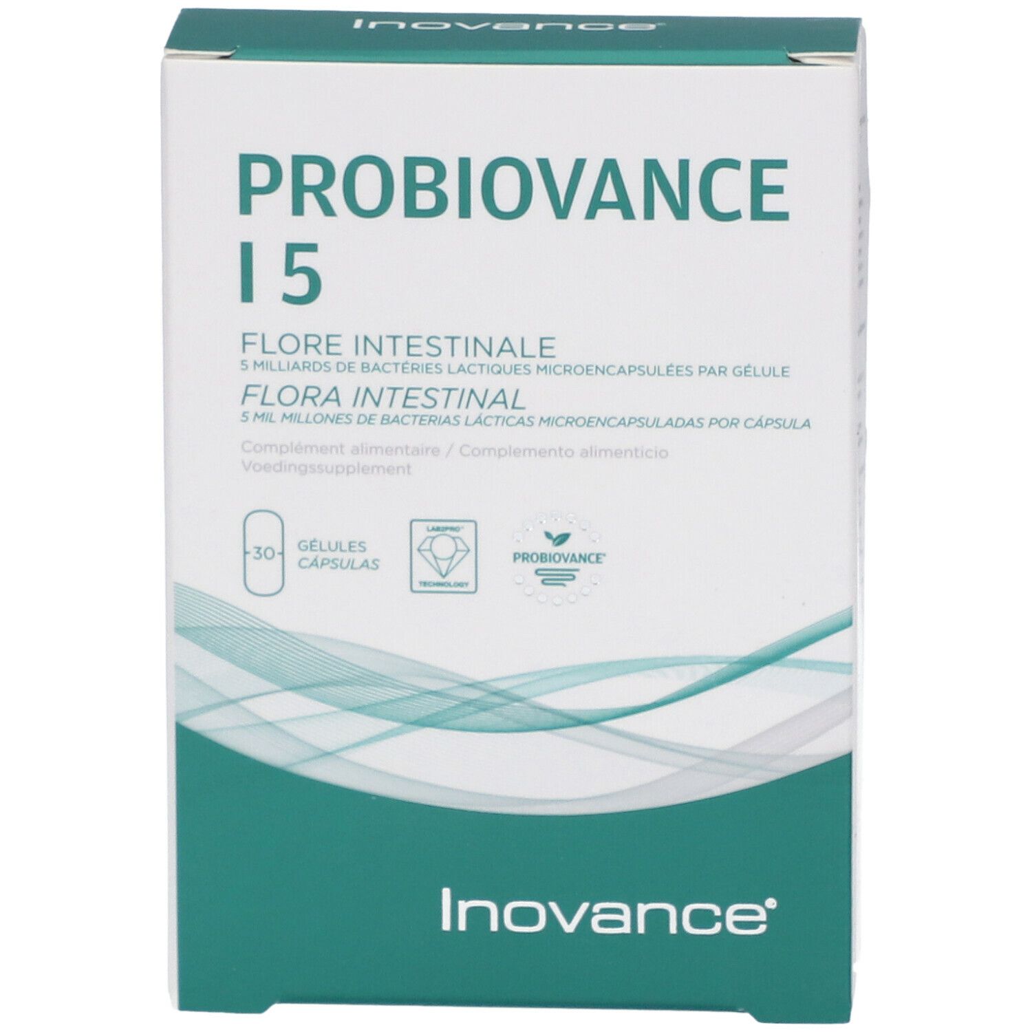 Boîte "PROBIOVANCE I 5". Texte: "FLORE INTESTINALE", "3 milliards...", "30 gélules". Marque: Inovance. Logo.