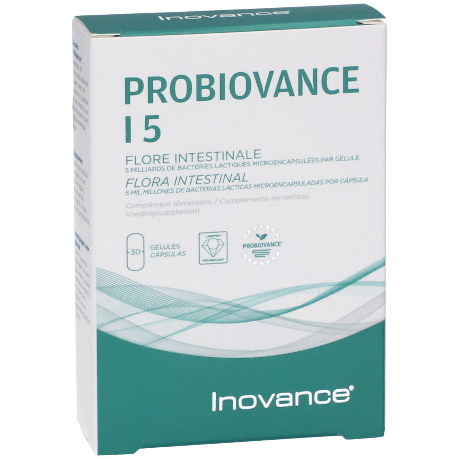 Boîte "PROBIOVANCE I 5". Texte: "FLORE INTESTINALE", "3 milliards...", "30 gélules". Marque: Inovance.