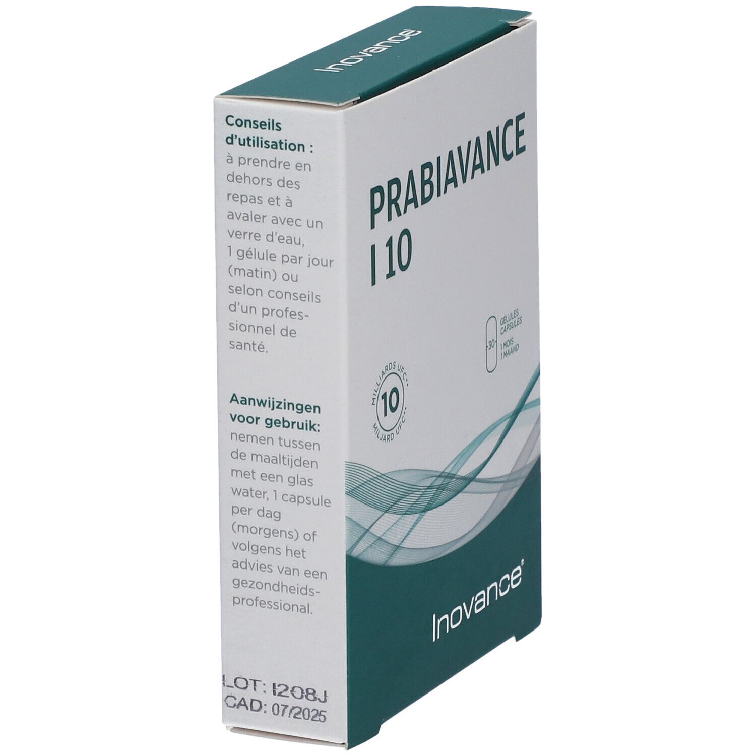 Boîte Inovance Probiovance I 10. Texte: Conseils d'utilisation. 30 gélules. Logo Inovance.