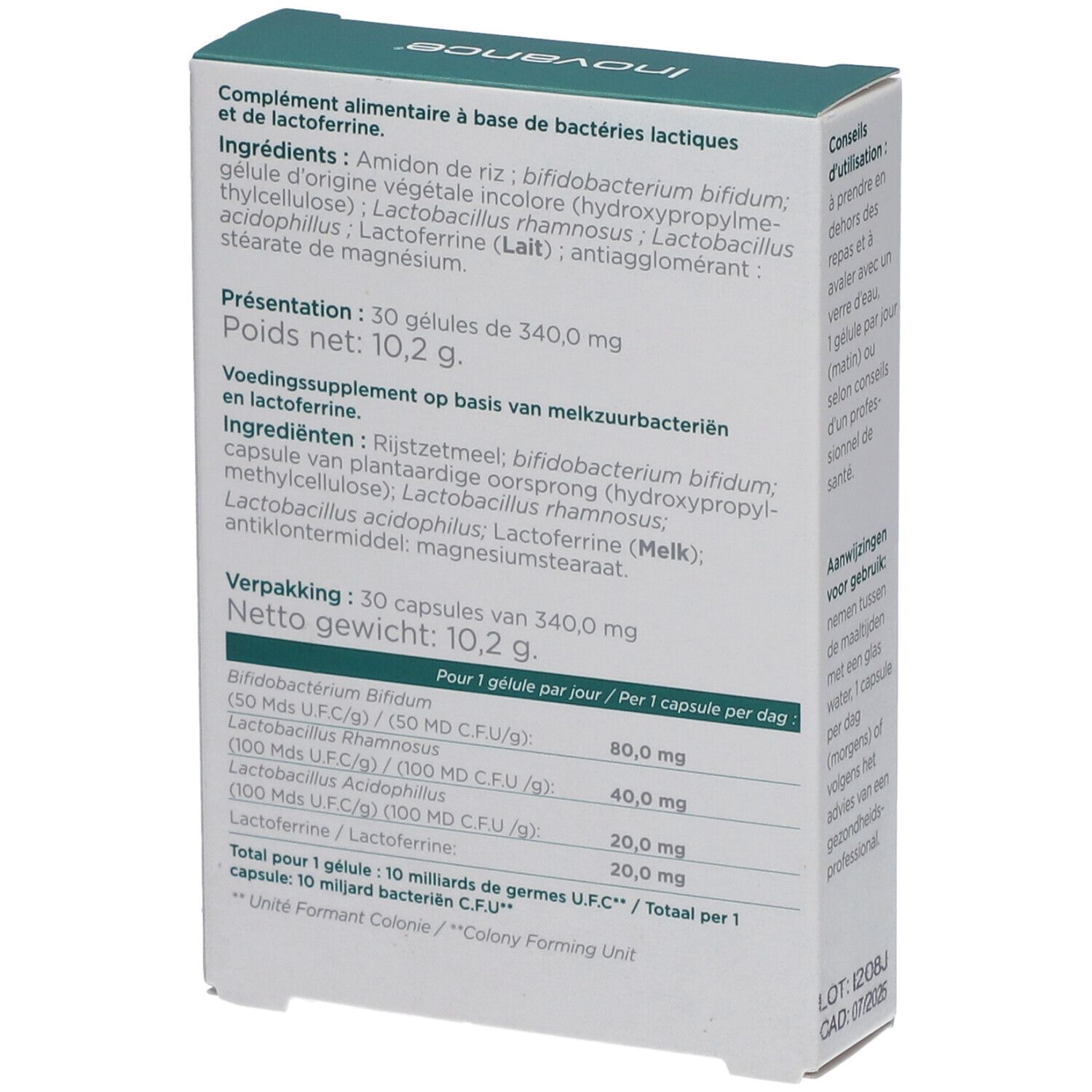 Dos de la boîte Inovance Probiovance I 10. Texte: Ingrédients, informations nutritionnelles. 30 gélules.
