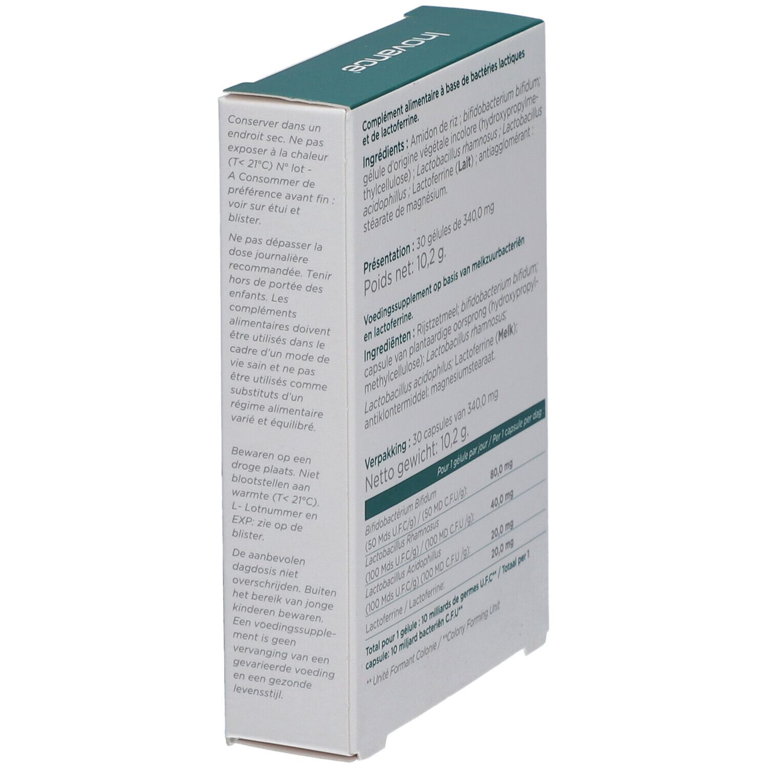 Dos de la boîte Inovance Probiovance I 10. Texte: Ingrédients, informations nutritionnelles. 30 gélules.