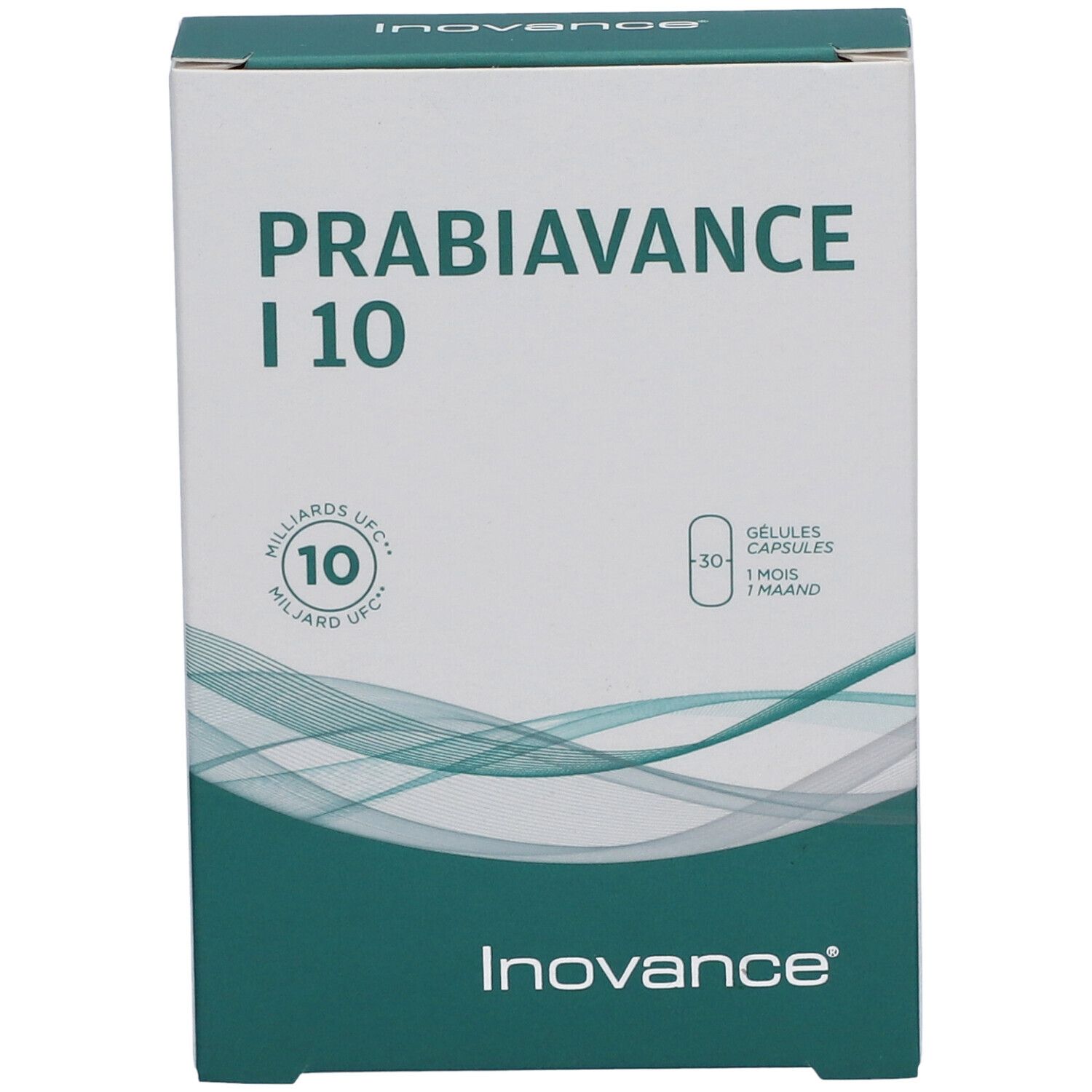 Boîte Inovance Probiovance I 10. Inscription: 10 milliards UFC. 30 gélules. Accent vert.