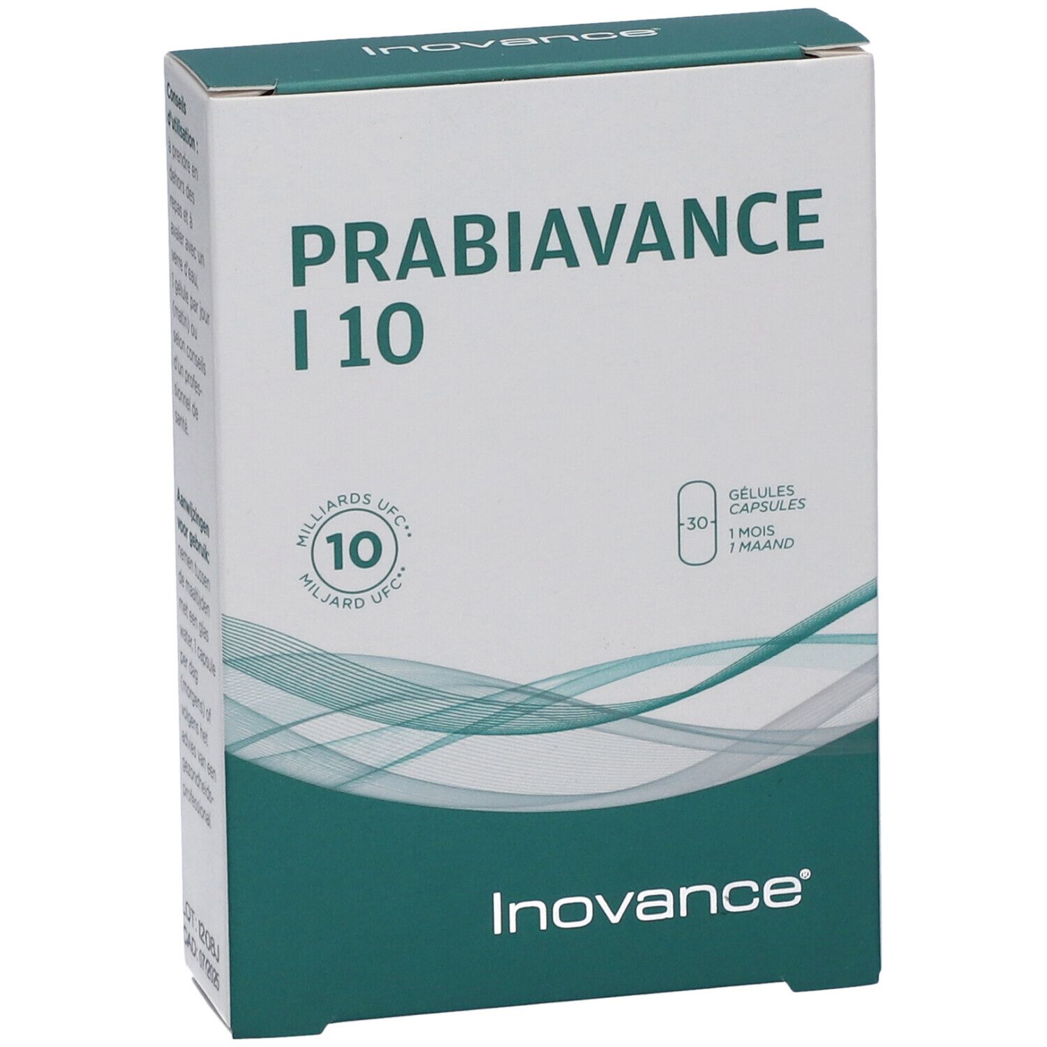 Boîte Inovance Probiovance I 10. Inscription: 10 milliards UFC. 30 gélules. Motif de vagues.