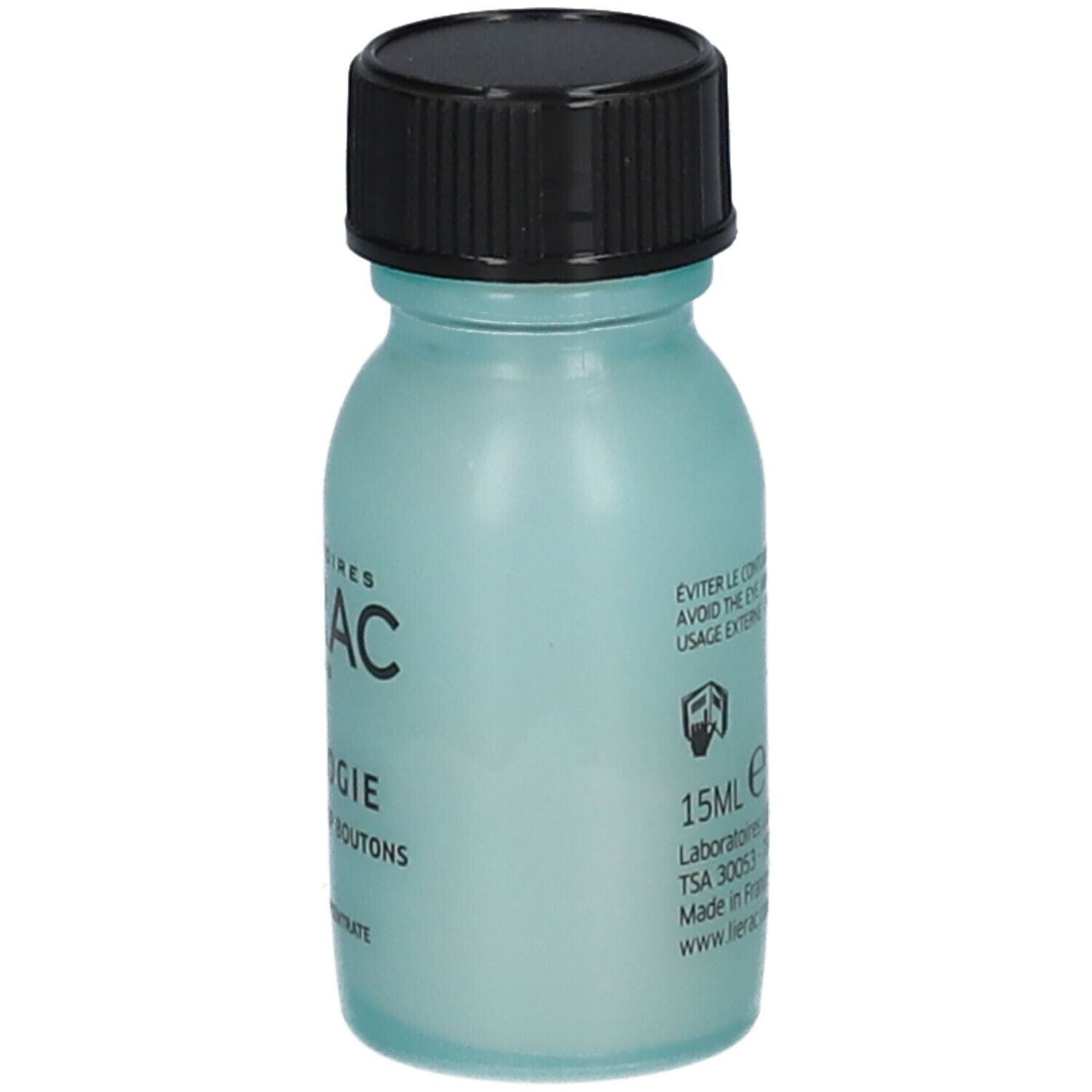 Lichtblauwe fles met zwarte dop. Opschrift: LIERAC, SÉBOLOGIE, Concentré Stop Boutons.