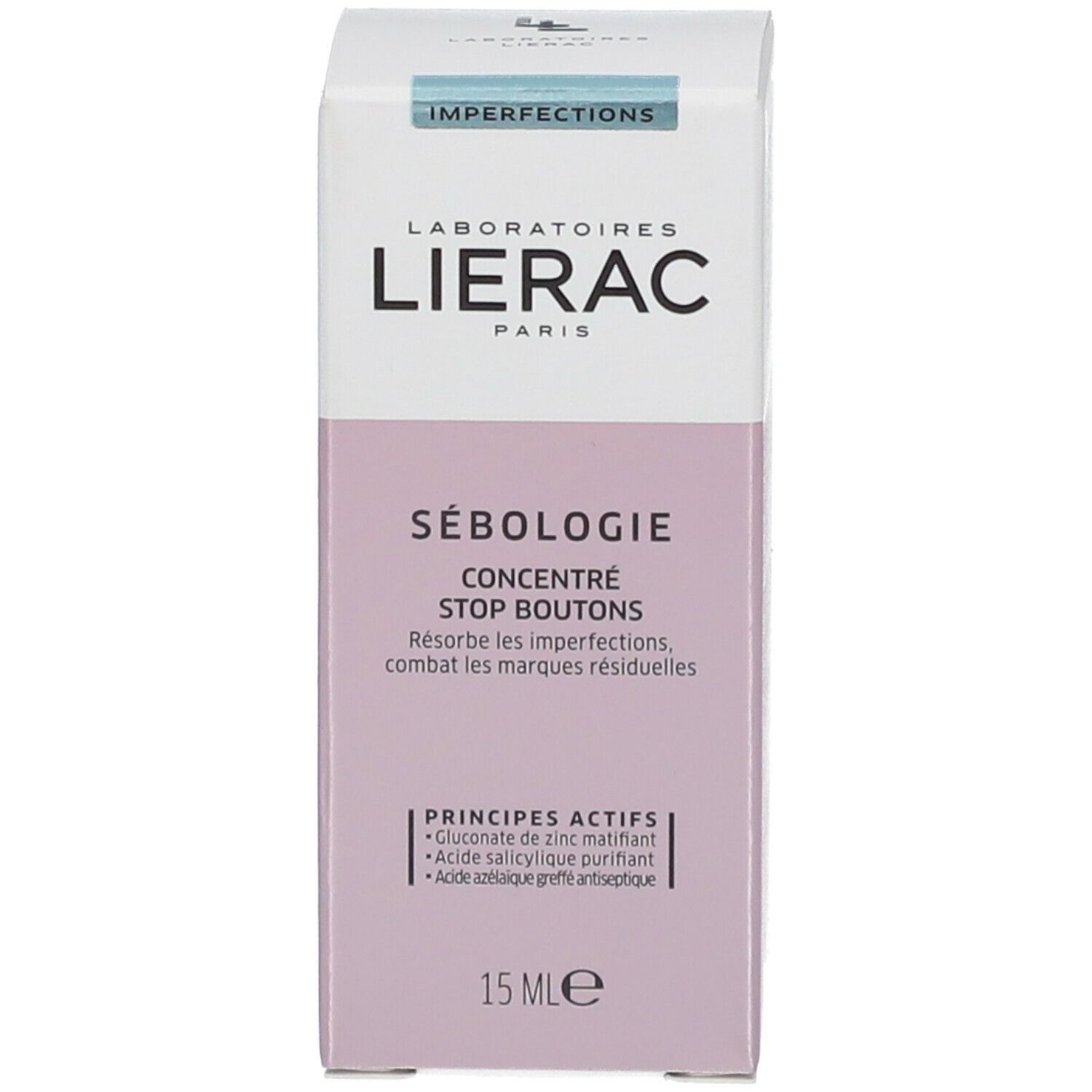 Productverpakking. Opschrift: LIERAC, SÉBOLOGIE, Concentré Stop Boutons, 15 ml.