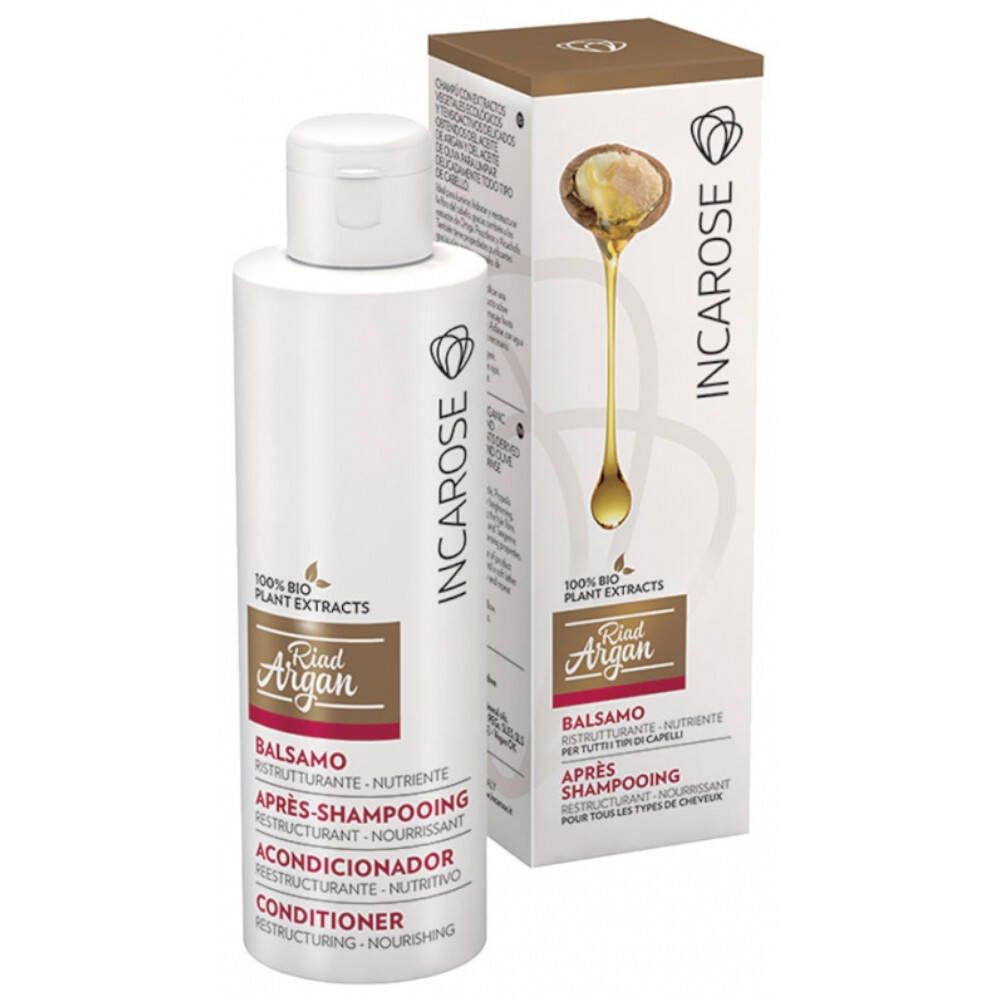 Incarose Conditioner Argan. Witte fles met bruin etiket. Opschrift: Balsamo, Après-Shampooing, Conditioner.