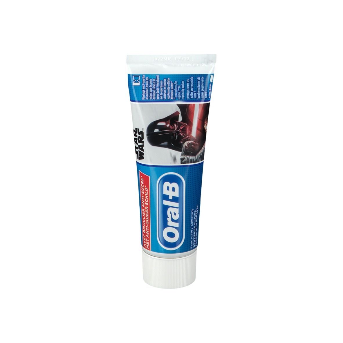 Tubo di dentifricio Oral-B con grafica Star Wars e tappo bianco. Contiene protezione anti-acido. Testo in inglese e tedesco.