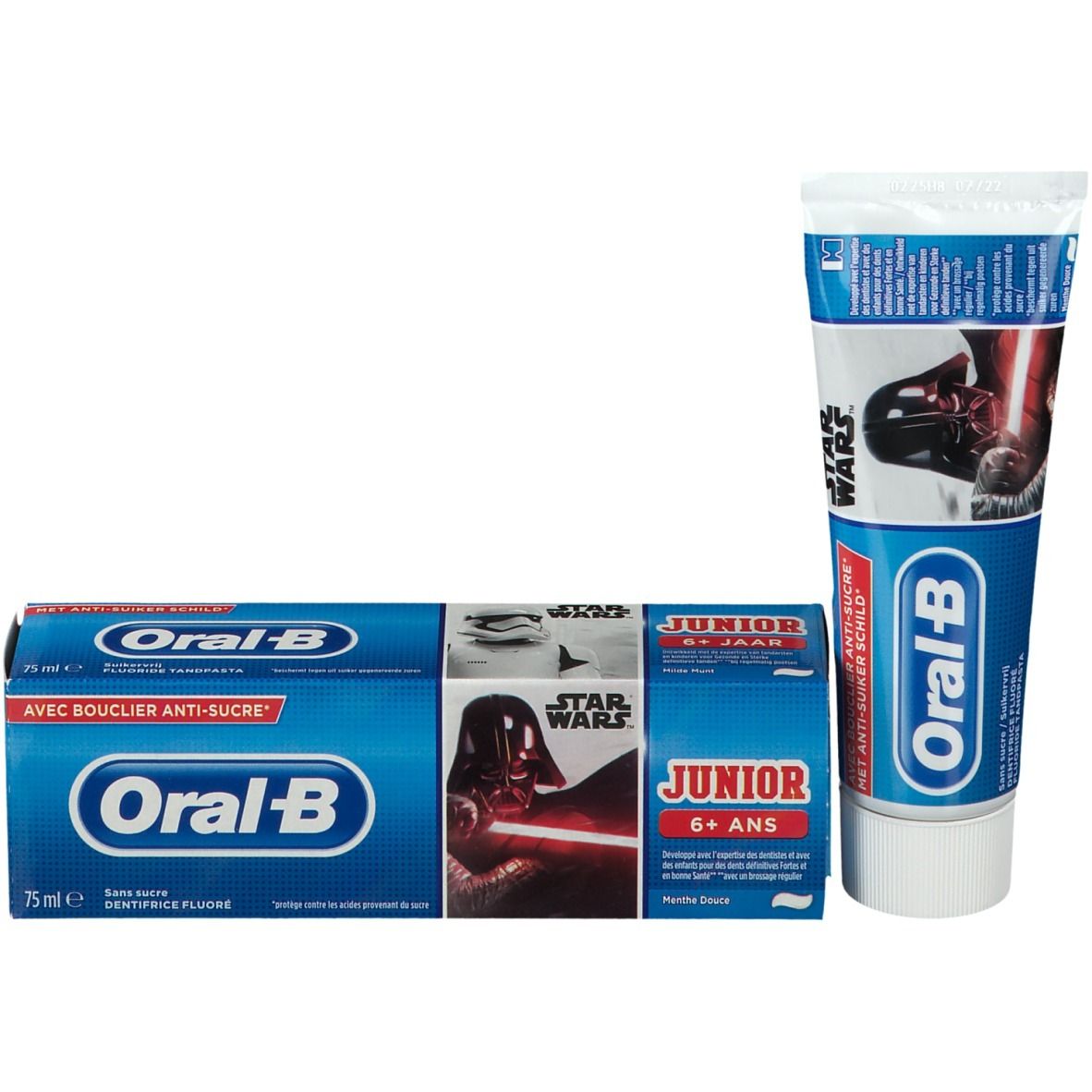 Tubetto di dentifricio e confezione. Confezione con grafica Star Wars e logo Oral-B. Tubo e confezione blu.