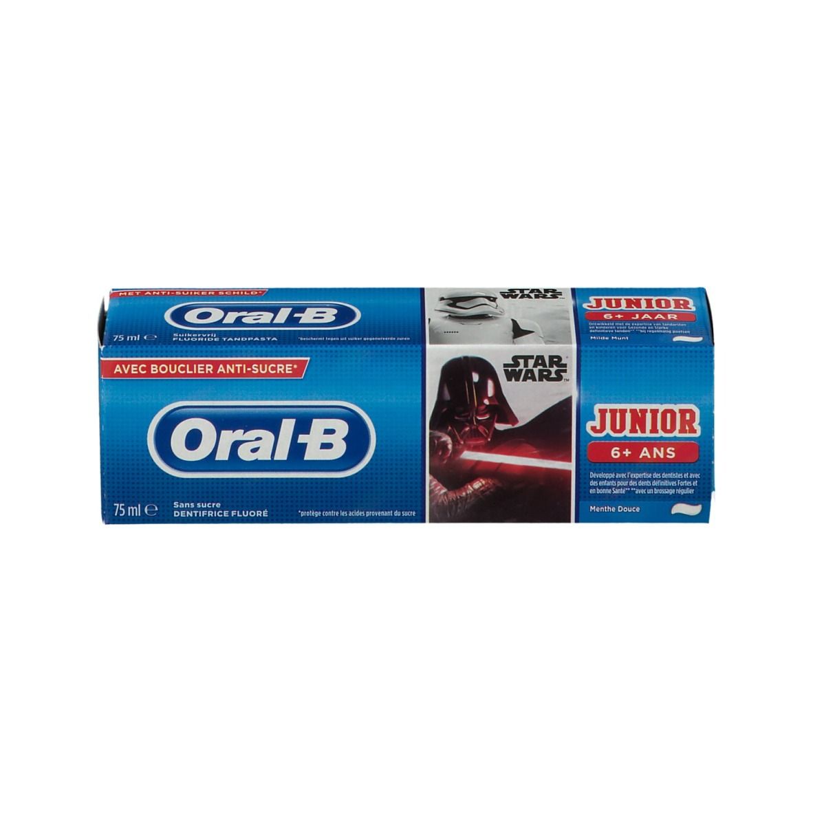 Confezione con grafica Star Wars e logo Oral-B. Contiene un tubetto di dentifricio. Confezione blu.