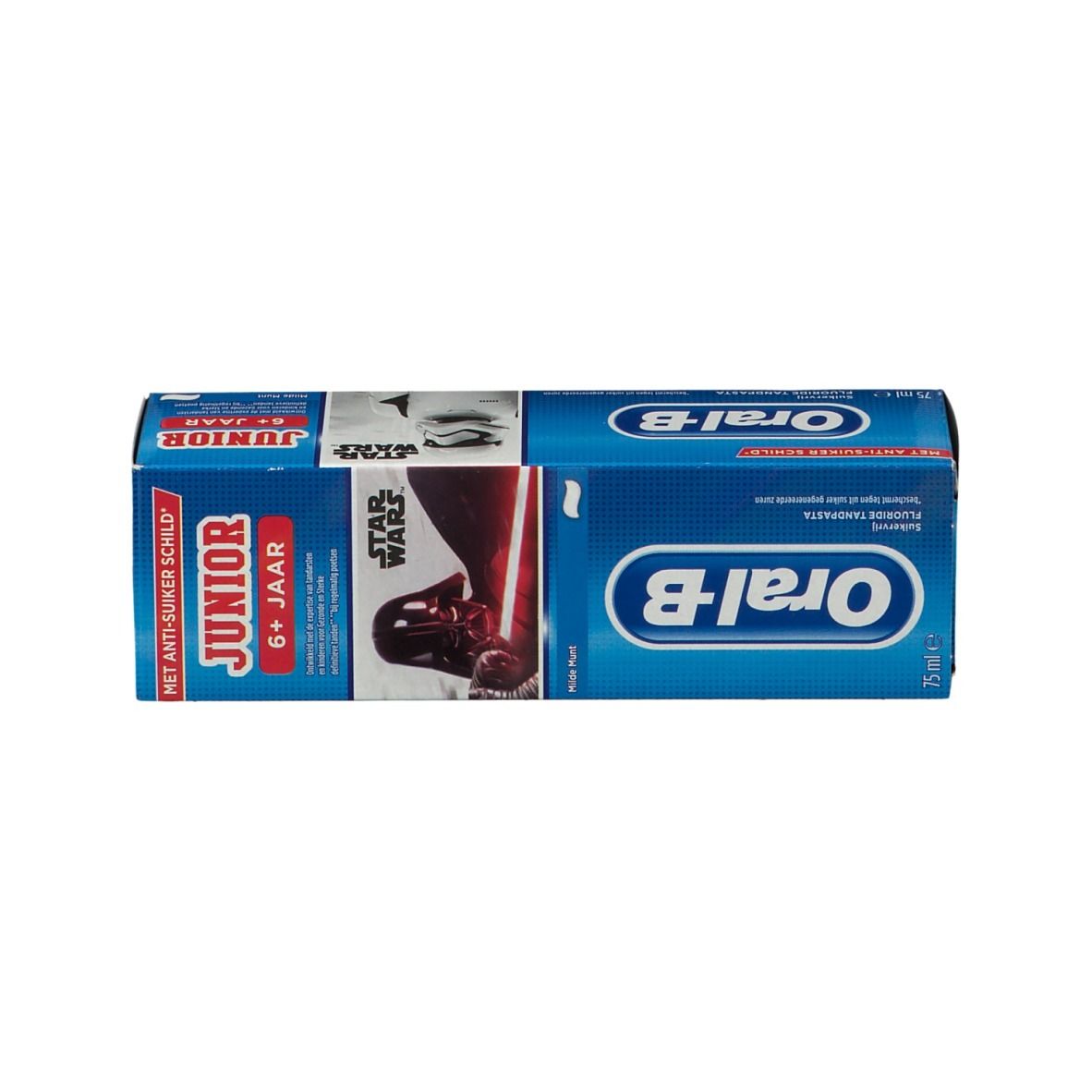 Confezione con grafica Star Wars e logo Oral-B. Contiene un tubetto di dentifricio. Confezione blu.
