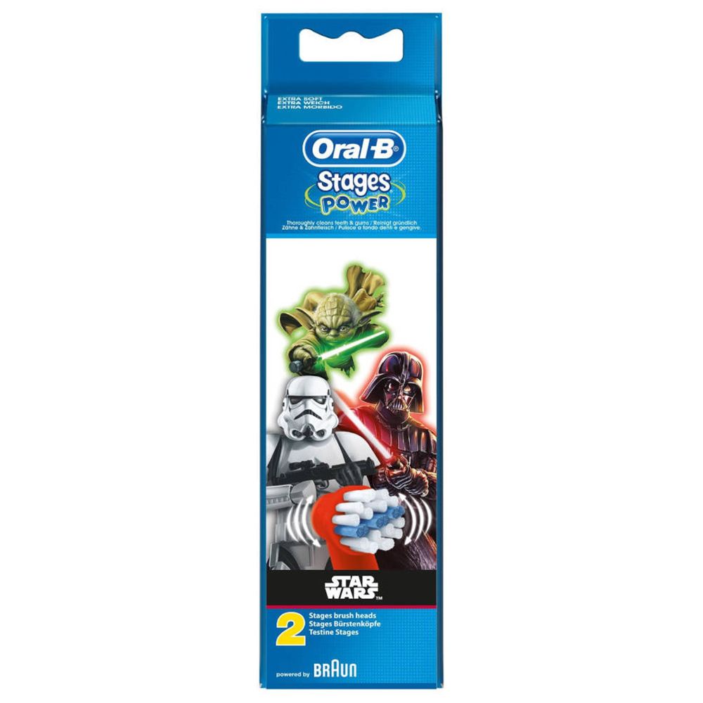 Zahnbürstenkopf-Packung. Enthält zwei Bürstenköpfe. Star Wars-Figuren und Oral-B-Logo auf der Verpackung.