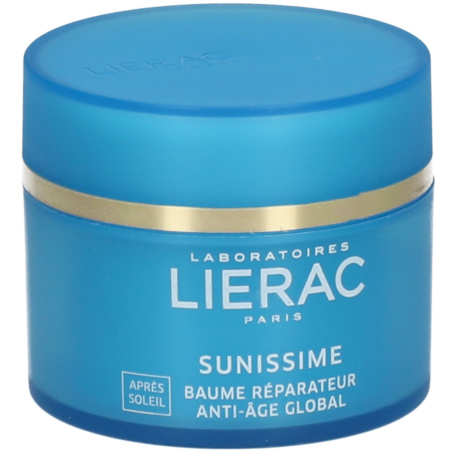 Pot bleu avec anneau doré. Inscription: LIERAC PARIS, SUNISSIME, Baume Réparateur Anti-Âge Global.